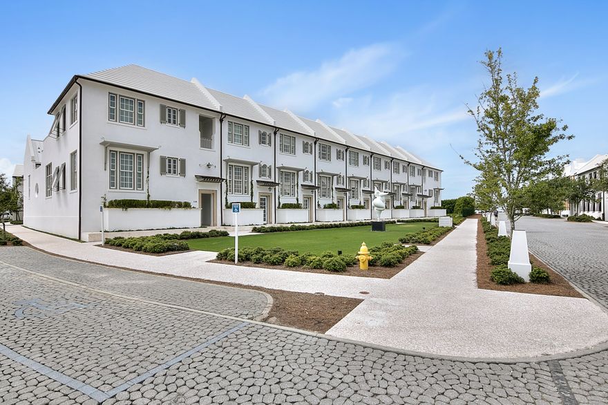 Located in Alys Beach, this lovely rowhome offers luxurious coastal living charm. Upon entering this light-filled home, you are greeted by beautiful interiors by Bohlert-Massey. Caliza Courts rowhomes are designed by the renowned Khoury-Vogt Architecture team and provide a desirable living option in close proximity to the sparkling Caliza Pool amenity. Fine architectural details and luxe furnishings are nestled throughout the home creating an elegant space that is both inviting and visually appealing. The expansive great room boasts reflective Venetian plastered walls, 16-foot ceilings as well as oversized French doors and windows offering a seamless flow out to the private courtyard, dipping pool and guest suite. The kitchen offers beautiful views of an expansive greenspace and offers top of the line Thermador appliances, pellet ice machine, cabinetry and Venetino marble countertops.

The second bedroom provides room for three with a private bathroom. The spacious master suite is bathed in natural light and offers a view of the courtyard. Perfect for unwinding after a day at the beach, the master bathroom comes equipped with double vanity stone vessel sinks, rain shower head, Dominican Shellstone floor to ceiling tile and a skylight. The Master Suite and the second bedroom each occupy their own half floor offering plentiful privacy. Additionally, this home is outfitted with Control 4 system allowing remote monitoring and set systems from a cell phone. TV and electronics are included in the listing price. Furnishings are included with a short list of exclusions.

The inviting courtyard is accentuated by a heated dipping pool, fountain, as well as Dominican Shellstone paving and easy to maintain landscaping. Across the court, you'll find a covered, open-air loggia fronting a private guest suite positioned above a one-car garage. The loggia offers an additional space for lounging, dining and quiet evenings at home. If desired, the detached guest suite with private bath and the main home can both be rented individually with the ability to lock and separate the two spaces. In addition to the garage, the homeowner has an additional assigned parking space in the parking court.

