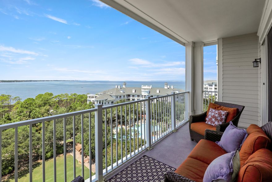 Wow! The views simply don't get any better! From your private 9th-floor balcony, enjoy sweeping panoramic sunsets over the Grand Gardens, sparkling resort pool, and the tranquil Choctawhatchee Bay. Every bedroom offers its own stunning bay view, creating a truly serene retreat. This residence showcases the largest non-lockoff floor plan, featuring dual master suites for ultimate comfort and privacy. The fully equipped kitchen boasts granite countertops and stainless-steel appliances and flows seamlessly into the spacious living area with a custom built-in entertainment center. Additional highlights include crown molding, expansive living and dining area, porcelain tile flooring throughout the common area, and impressive hand-carved wood double entrance doors. Offered fully furnished and rental ready, this condo perfectly blends resort living, space, and unforgettable viewsmaking it a rare find you won't want to miss!
Located within the gates of Sandestin Golf & Beach Resort, owners enjoy unmatched access to four championship golf courses, tennis and pickleball courts, a full-service marina, and miles of walking and biking trails. The community also features a private beach, resort-wide shuttle service, and a fitness center.

Just outside your door, the vibrant Village of Baytowne Wharf invites you to enjoy waterfront dining, boutique shopping, and a calendar full of festivals, concerts, and family-friendly events. Grand Boulevard is just minutes away with upscale dining and retail favorites like Emeril's, Fleming's, and Pottery Barn. Sacred Heart Hospital is a short drive from the resort, and Destin-Fort Walton Beach Airport (VPS) is conveniently located just 30 minutes away.