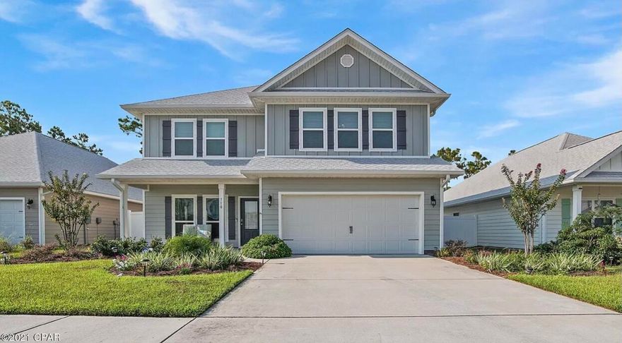 Turn-key fully furnishedWelcome Home! As you walk into your beautiful 2020 home you are greeted by 9 ft ceilings and open living space with shabby chic beach decor. The kitchen has granite countertops, stainless steel appliances and overlooks the dining and living area. This 4 bedroom 3.5 bath is a perfect place to raise your family-very close to the beach and centrally located between Pier Park and the east end marinas. Your first floor master suite has a large walk-in closet, stand-alone shower and double vanity. Enjoy your oversized family room, playroom or entertainment space upstairs plus 3 more bedrooms, 2 more baths and laundry room. Love the community pool which is located near your home. Smart Home package includes Skybell doorbell, Kwikset Keyless entry, and Qolsys touch panel.