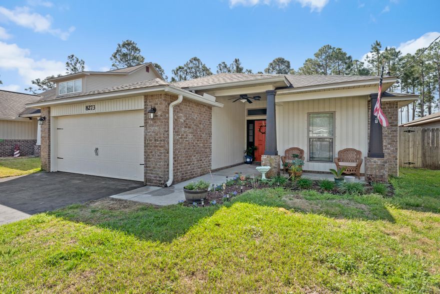 Great location, nearby beach, bases, shopping and schools! Great curb appeal with welcoming covered front porch. Spacious 4/2 plus a flex room/formal dining, with a big kitchen and open floor plan.  Large kitchen has granite counter tops, stainless appliances, island, walk-in pantry and a breakfast bar. Breakfast bar has 3 sides and lots of seating. Computer station with built in desk, drawers and overhead cabinets. Roomy primary bedroom and primary bath features 2 walk-in closets, dual vanity, garden tub and a separate shower. Oversized indoor laundry room and washer & dryer are included. Relax outside on the 19x14 covered patio, and the backyard has a fire pit and plenty of room for toys and a pool! Big yard with privacy fence. Low maintenance home, dimensional shingle roof, brick &