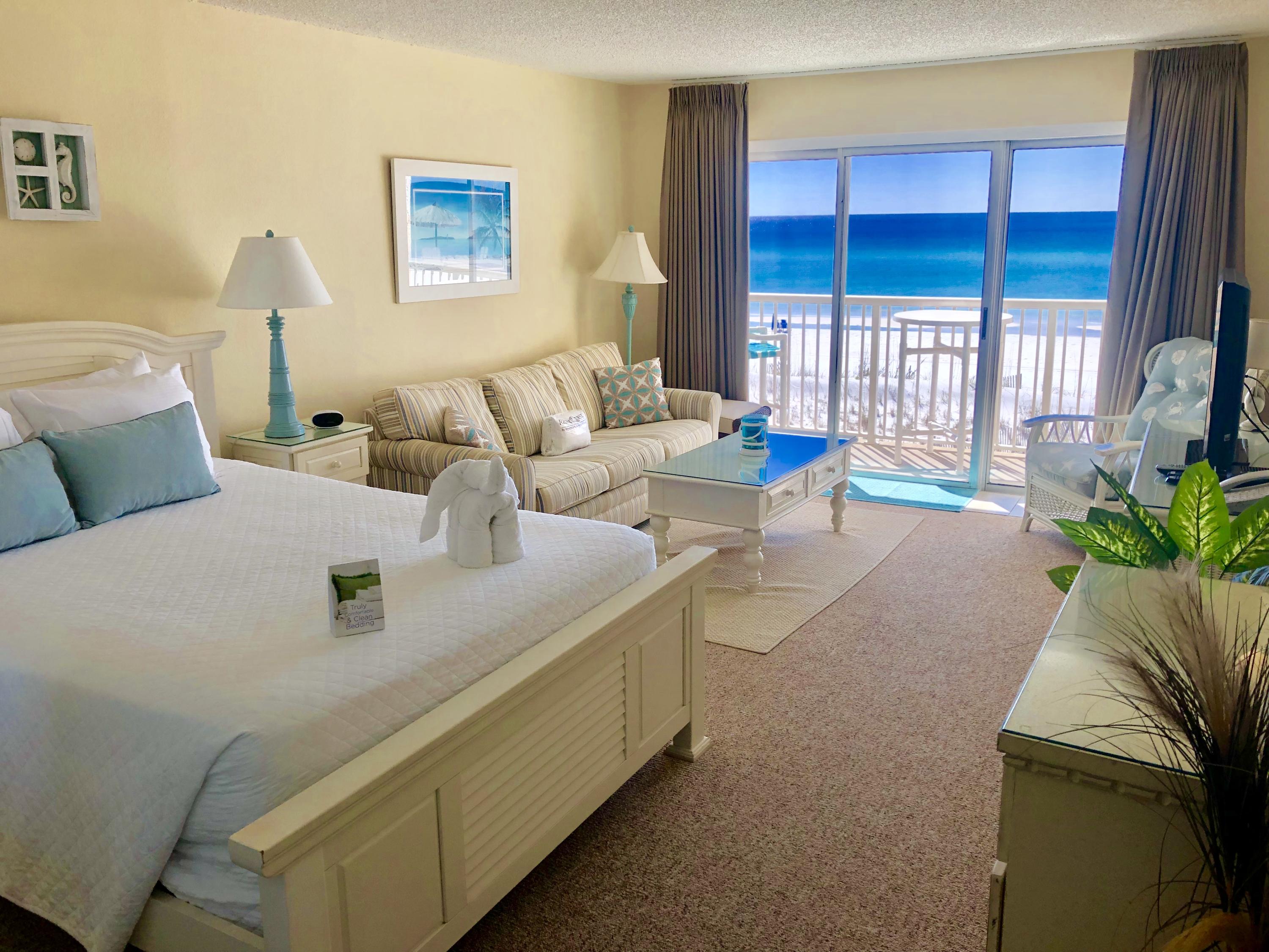 Sit back and relax while taking in your direct view of the Emerald Coast's green and blue waters and white sand beaches. This ultra comfortable studio unit offers more privacy and less noisy with nothing but the sugar white sand dunes between you and the Gulf of Mexico. You'll also appreciate the newly renovated bathroom and updated kitchen making this studio unit truly feel like your home away from home. Enjoy the investment opportunity this unit has to offer with up to $28,000 in potential vacation rental revenue. With this much to offer, why not own where your heart lives?