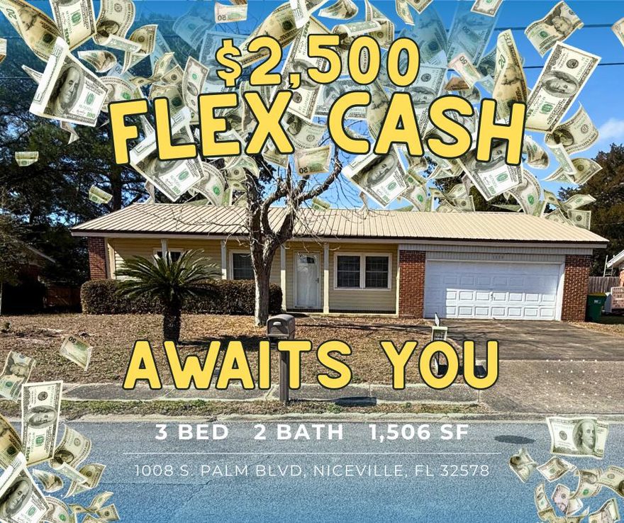 $2,500 FLEX CASH! Use toward interest rate buy-down, closing costs, or additional price reduction (with lender approval). This move-in ready 3BR/2BA home in Niceville, FL 32578 offers 1,506 sq ft of comfortable living with granite countertops, wood cabinetry, spacious living area, and a bright Florida room. Metal roof, oversized 2-car garage, powered workshop, sprinkler system, and privacy-fenced backyard. Convenient to top schools, parks, shopping, Eglin AFB, and Emerald Coast beaches. Great opportunity for first-time buyers or downsizers. A smart buy in today's market. Schedule your showing before it's gone!