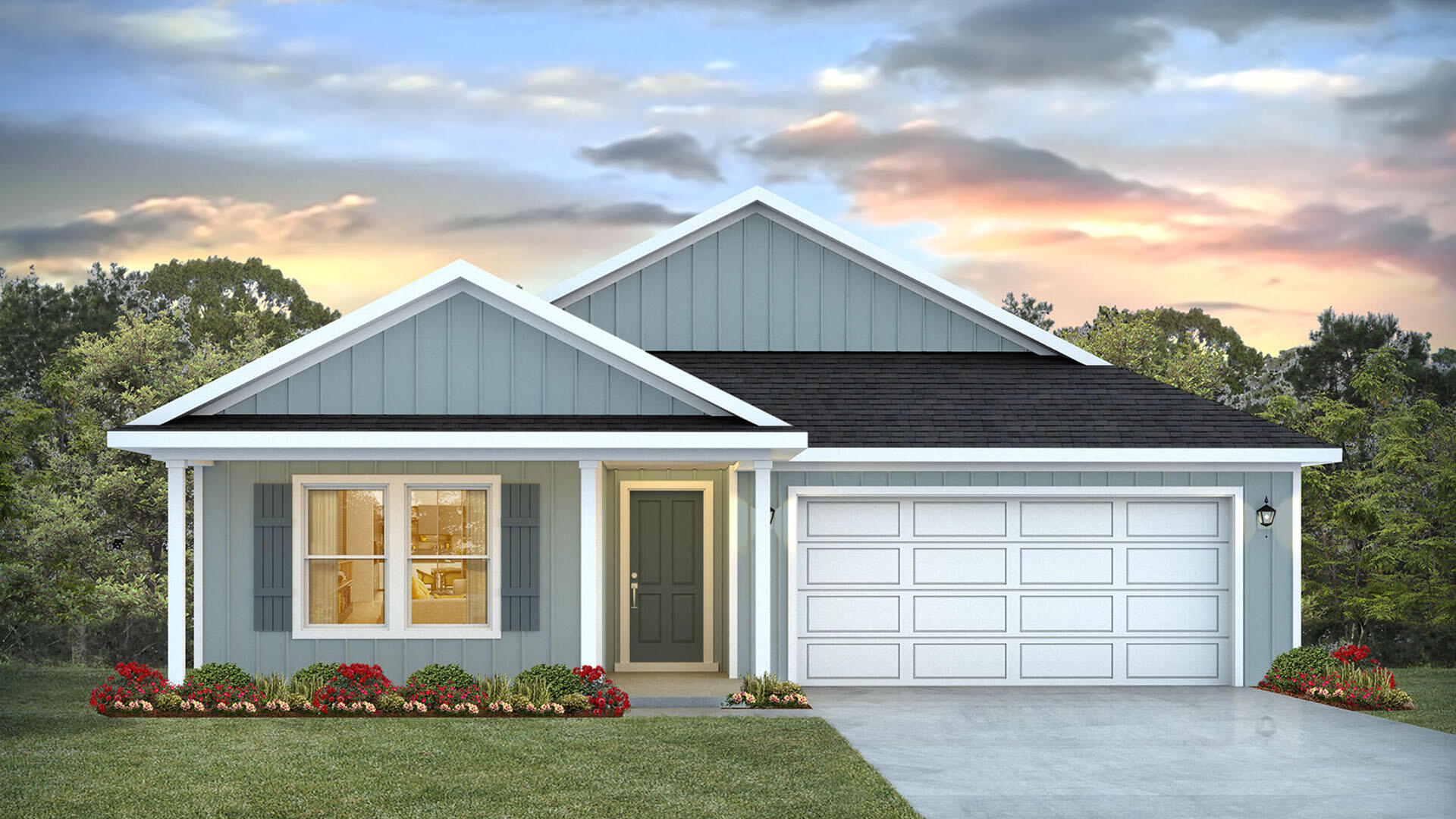 Welcome to 234 W Gray Owl Drive, a new home at Owl's Head Farms in Freeport, Florida. As you step inside this move in ready home, you find an open foyer that seamlessly transitions into a spacious living area filled with natural light. To your left, a modern kitchen showcases granite countertops, a large island with space for seating, and stainless-steel appliances. White shaker style cabinets add to the light and airy feeling of the home. A dedicated water filtration faucet at the kitchen sink is an added feature to this thoughtfully designed home. The dining area, positioned conveniently near the kitchen, offers a cozy space for meals. There are views of the backyard and patio through a glass door off the living room. The laundry room is conveniently located in the center of the home. The main areas of the home have Engineered Vinyl Plank flooring in a light, neutral color.
At the rear of the home, the primary bedroom impresses with its generous size. The en-suite bathroom features a double vanity, walk-in shower, and a spacious walk-in closet and linen closet. Two sets of two bedrooms are strategically placed for privacy, each with ample closet space and easy access to shared full bathrooms for a total of five bedrooms and three full bathrooms. All bedrooms feature upgraded carpet.