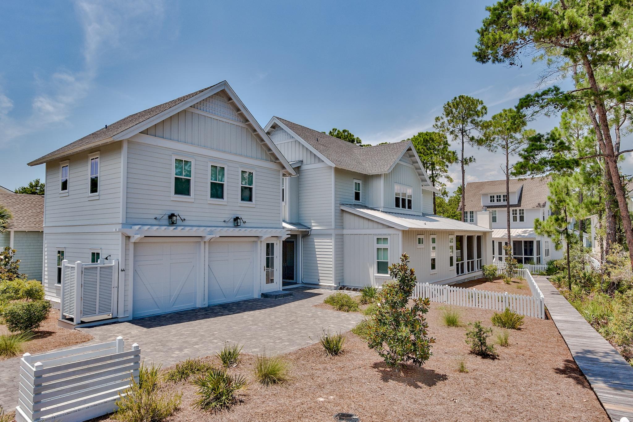 This WaterSound West Beach home offers 3 master bedrooms for a total of 4 bedrooms in the main house and a separate carriage house apartment the Bunk room that sleeps 4, 4 full bathrooms and a powder room. Built in 2016 to the latest standards, this home offers hardwood floors throughout, 10ft ceilings on the main level, gourmet kitchen with stainless appliances, marble counter tops and oversized living room with gas fireplace all over looking the 10x28 screened in porch. Located on a private lot the home borders the community boardwalk for walking and taking in the natural setting of the community. Home is offered fully furnished with some exceptions.