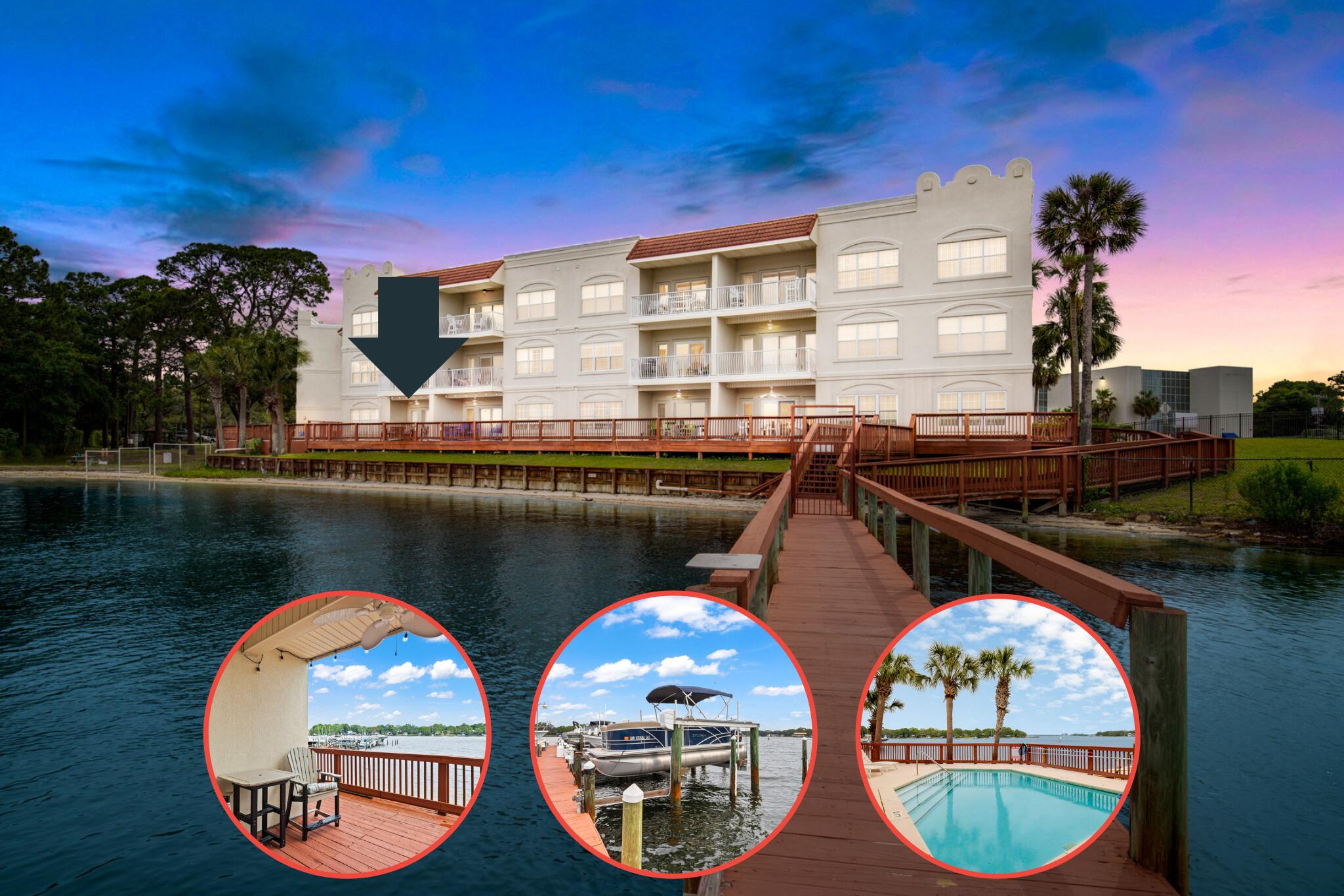 Welcome home to gorgeous sunrises and dolphin watching from your patio! This meticulously maintained 2 bedroom, 2 bath condo offers breathtaking water views and a huge balcony! Conveniently located on the first floor and comes with a DEEDED BOAT SLIP AND LIFT for a boat up to 30'. Most furnishings convey making for an easy, turn-key vacation home or primary residence. The master suite features waterfront views, large walk-in closet, updated bathroom with double vanities and shower. Ample storage throughout, private laundry room, and spacious floor plan makes this property feel more like a home than a condo. A true haven for coastal adventures and a low maintenance way of life! A few unique features: an elevator for convenience, assigned covered parking and a large, double door storage closet just outside your front door. Laguna Landing community features include a pool, convenient boat access, and a clubhouse for those fun game nights with friends! Located just 6 minutes from Okaloosa Island and 15 minutes from the Fort Walton Beach/Destin airport. HOA fee includes all expenses except contents and electricity (building and flood insurance, basic cable and internet, water/sewage/garbage, pest and termite control, fire/sprinkler alarms, maintenance of building, grounds, pool, deck, elevator) Laguna Landing provides the perfect retreat for those seeking a laid back coastal lifestyle. Don't miss out on this opportunity for a coastal primary or second home for you AND your boat!