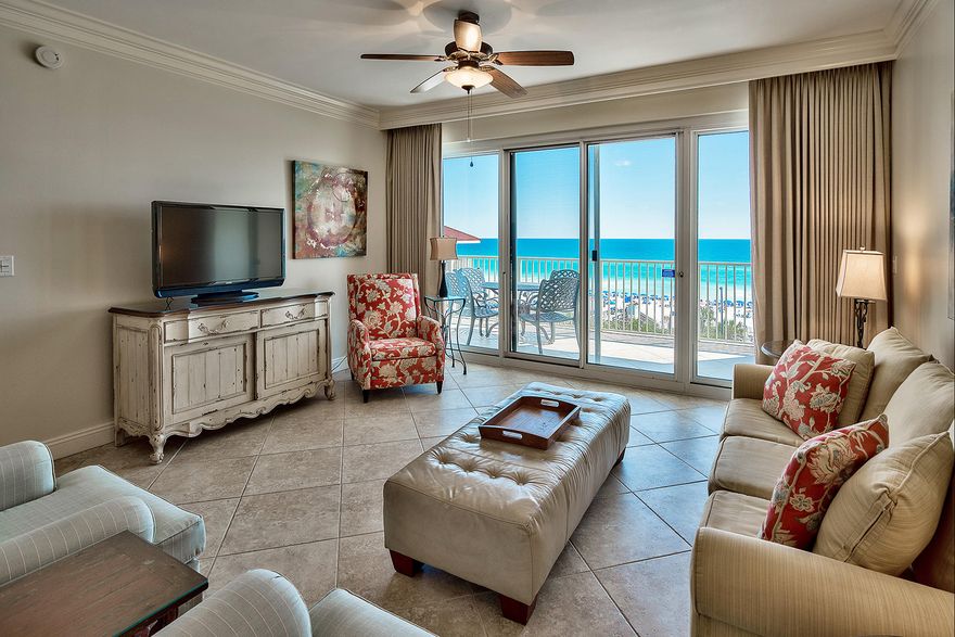 This incredible Gulf-front condo at Tides of Tops'l showcases great views of the Gulf from its large balcony with access from the open living area. High 9-foot ceilings accentuate the spaciousness of its open floor plan as do the diagonally-laid tile floors that carry throughout the unit. The floor-to-ceiling sliding glass doors in the living room area frame the picturesque Gulf view. The stylish kitchen features modern raised panel cabinets, granite counters as well as stainless steel appliances. The Gulf-front master bedroom features a private bath with relaxing garden tub and separate walk-in shower. A washer, dryer and owner's closet are added conveniences.