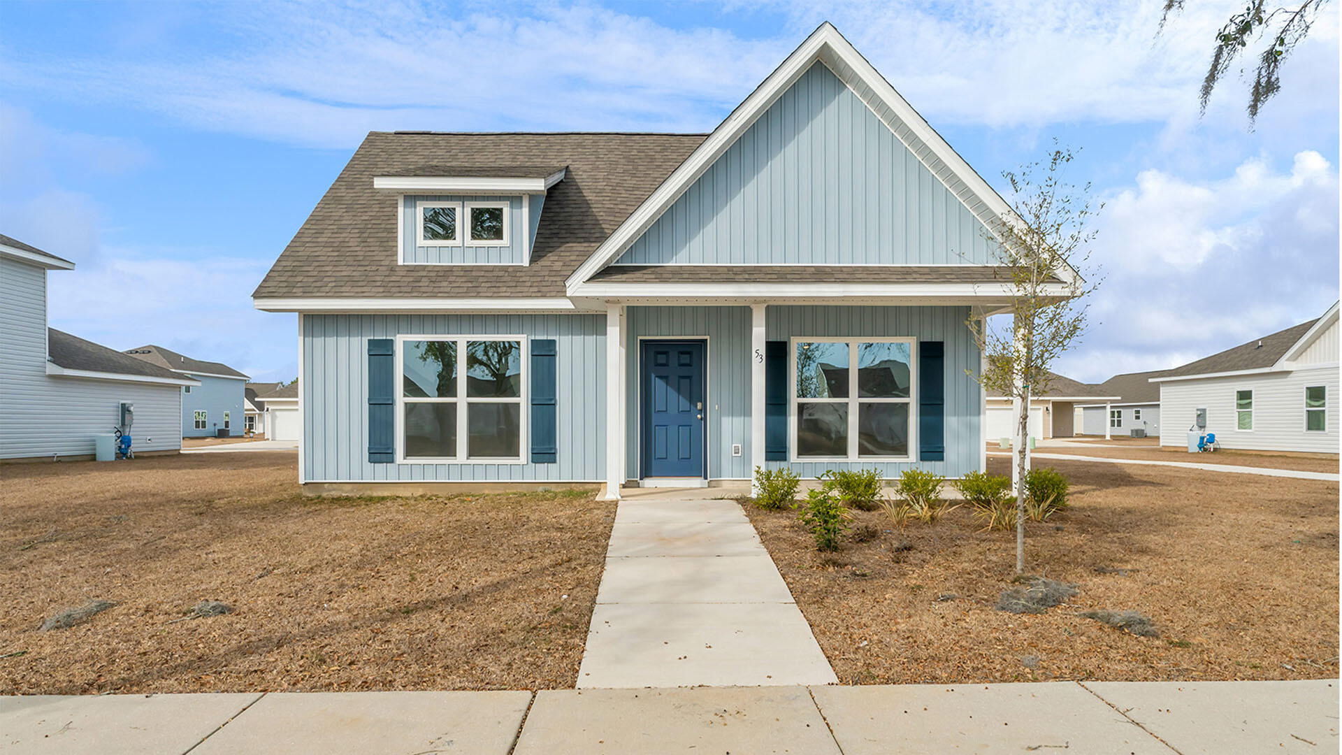 The Owl's Head community is conveniently located off of Highway 331 in Freeport. We are only 8 miles to Interstate 10, and 16 miles to beautiful beaches and Highway 30 A. We offer 6 floor plans, 3 and 4 bedrooms. All homes have rear entry garages. This community offers a community area with paved walking trails and a spring fed lake. | The Bayberry plan is a single story 3 bedroom, 2 bath home. This open floor plan features a covered front porch and a very large primary bedroom. The primary bathroom has a large shower, and a spacious closet off of the bathroom.