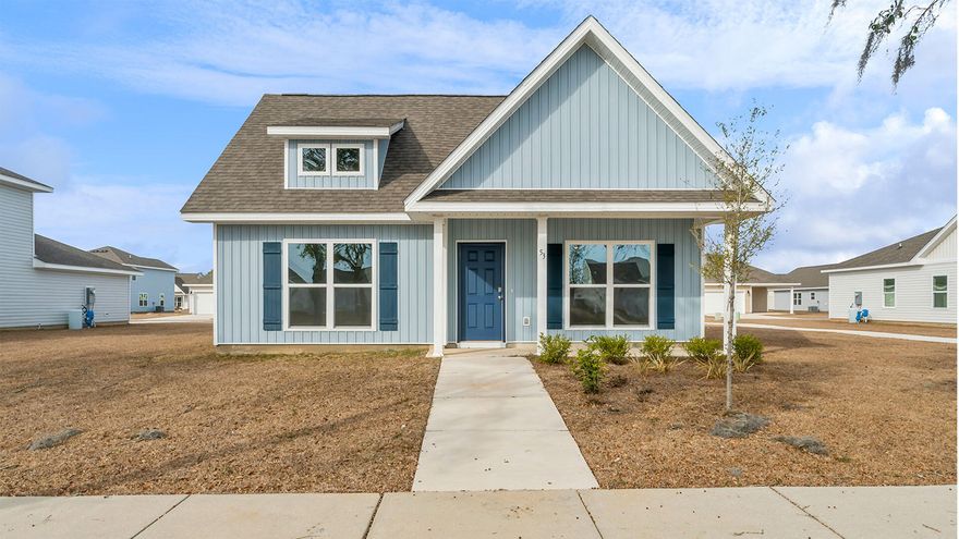 The Owl's Head community is conveniently located off of Highway 331 in Freeport.  We are only 8 miles to Interstate 10, and 16 miles to beautiful beaches and Highway 30 A.  We offer 6 floor plans, 3 and 4 bedrooms.  All homes have rear entry garages.  This community offers a community area with paved walking trails and a spring fed lake. | The Bayberry plan is a single story 3 bedroom, 2 bath home.  This open floor plan features a covered front porch and a very large primary bedroom. The primary bathroom has a large shower, and a  spacious closet off of the bathroom.