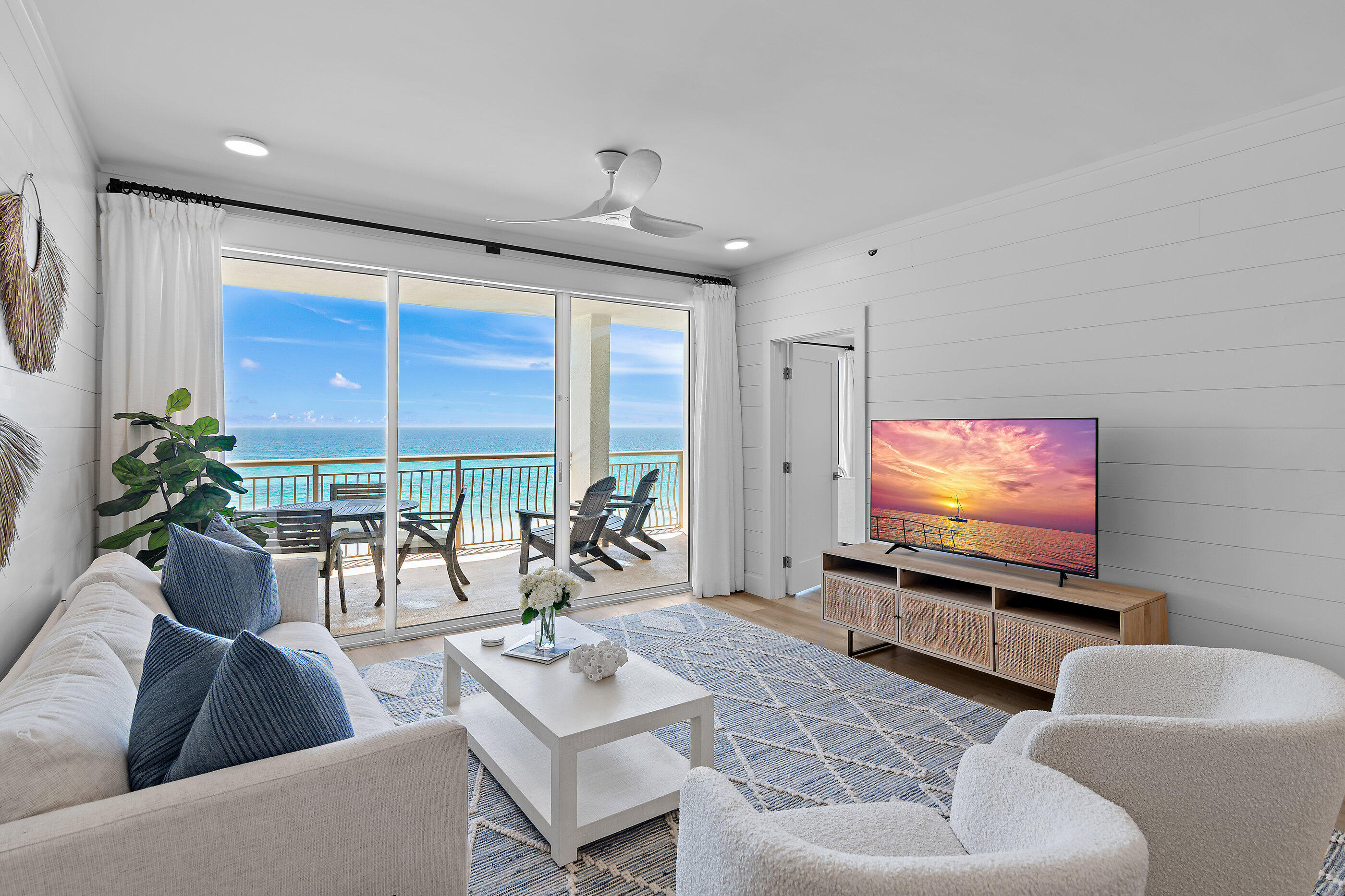 Offering a professionally curated design and stunning designer furnishings, this stunning Gulf-front two-bedroom residence at the High Pointe Resort fully encompasses the epitome of coastal living. Upon initial entry, the newly installed flooring leads way to the impressive living areas embellished with premium finishes and upgrades carried throughout. The gourmet kitchen features brand new, custom cabinetry flanked by white quartz countertops, a contrasting tiled backsplash, a new luxury appliance suite, and an extended island perfect for entertaining. The generously sized living and dining areas adorned with white shiplap walls and Serena and Lily furnishings are anchored by the 180-degree views of the turquoise hued waters. Blurring the line between indoors and out, the covered terrace is the perfect place to admire the new palate of mesmerizing hues emitted by the renowned Emerald Coast sunsets each and every night.
Synonymous with relaxation, the bright and airy main suite is a true oasis with panoramic views of the Gulf from the floor to ceiling windows. Tastefully decorated, the suite offers custom textures, fabrics and soothing tones providing timeless casual elegance and tasteful coastal living. The sumptuous ensuite features dual vanities and a custom tiled wet room with dual shower heads. The additional guest suite is spacious in size offering two full beds, dual closets, and access to the beautifully accessorized bath, featuring custom vanity and tile work.
A complete renovation was completed in 2025 to include new paint, flooring, electrical, wood accents, interior doors, window treatments, vanities, showers, lighting fixtures, furnishings, a new kitchen with appliances, and much more. The impressive annual rental potential of $140,000/year coupled with the turn-key configuration and recent upgrades create a compelling opportunity for investors and second or full-time residents alike.
When it comes to ultra-luxe living, the allure of the High Pointe Resort remains unrivaled. The intimate community is nestled between Aly's and Rosemary Beach reigning on over 13 acres with 600 feet of private beach frontage. The sought-after complex affords residents with an array of amenities including a beachside resort-style pool, Crabby Steve's - the onsite restaurant and bar, picnic and grilling areas, recreational courts (pickleball and tennis), playgrounds, on-site security, gated entrance, controlled access, bike rentals and more!