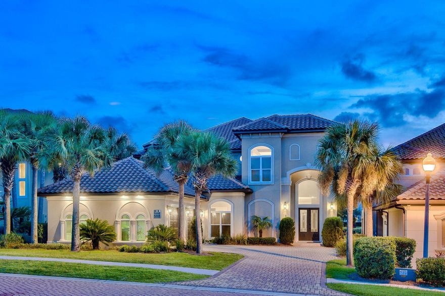 Beautiful gulf vistas juxtaposed a masterful mediterranean design define this beachside retreat primely located in the premier gated community of Destiny East. This extraordinary home yields an exceptionally open floor plan with expansive double height ceilings on the primary level as well as oversized windows allowing ample natural lighting throughout. Currently optimized as a short term rental property, this home is well equipped to consistently produce top tier annual income. Upon entry, a double height ceiling exceeding 20' extends from the formal living area all the way to the rear pool deck which offers a covered resort style pool and spa which is elevated over the lush landscaping for optimal privacy and serenity. The open floorplan is immediately realized with the formal living, dining and family room all centralized around the well equipped chef's kitchen which anchors the first floor layout and offers stainless appliances including a gas range, double oven, dual refrigerator and ample custom cabinetry. The first level also offers two large bedrooms including a junior master suite and oversized en-suite bathroom complete with dual vanities and a walk-in shower. The second level offers three spacious bedroom suites with en-suite bathrooms including the generously proportioned master suite which occupies the southeast corner of the home yielding a massive sitting area and spa-like master bathroom with dual closets, walk-in shower, soaking tub, dual vanities and a water closet. The second floor also has a highly unique amenity, an oversized covered lanai focusing both easterly and westward to maximize gulf views and sunset vistas. Other notable features include a spacious two car garage, large parking court and immediate access to the pedestrian path on scenic highway 98 for optimal ingress/egress to the beach. Destiny East is a premier gated neighborhood in the heart of Destin, Florida. It features two large private resort pools, fitness facility, newly built tennis courts, IMAX theatre, clubhouse and convenient to optimal beach access as well as all of the world class shopping, dining and entertainment that Destin, Florida has to offer.