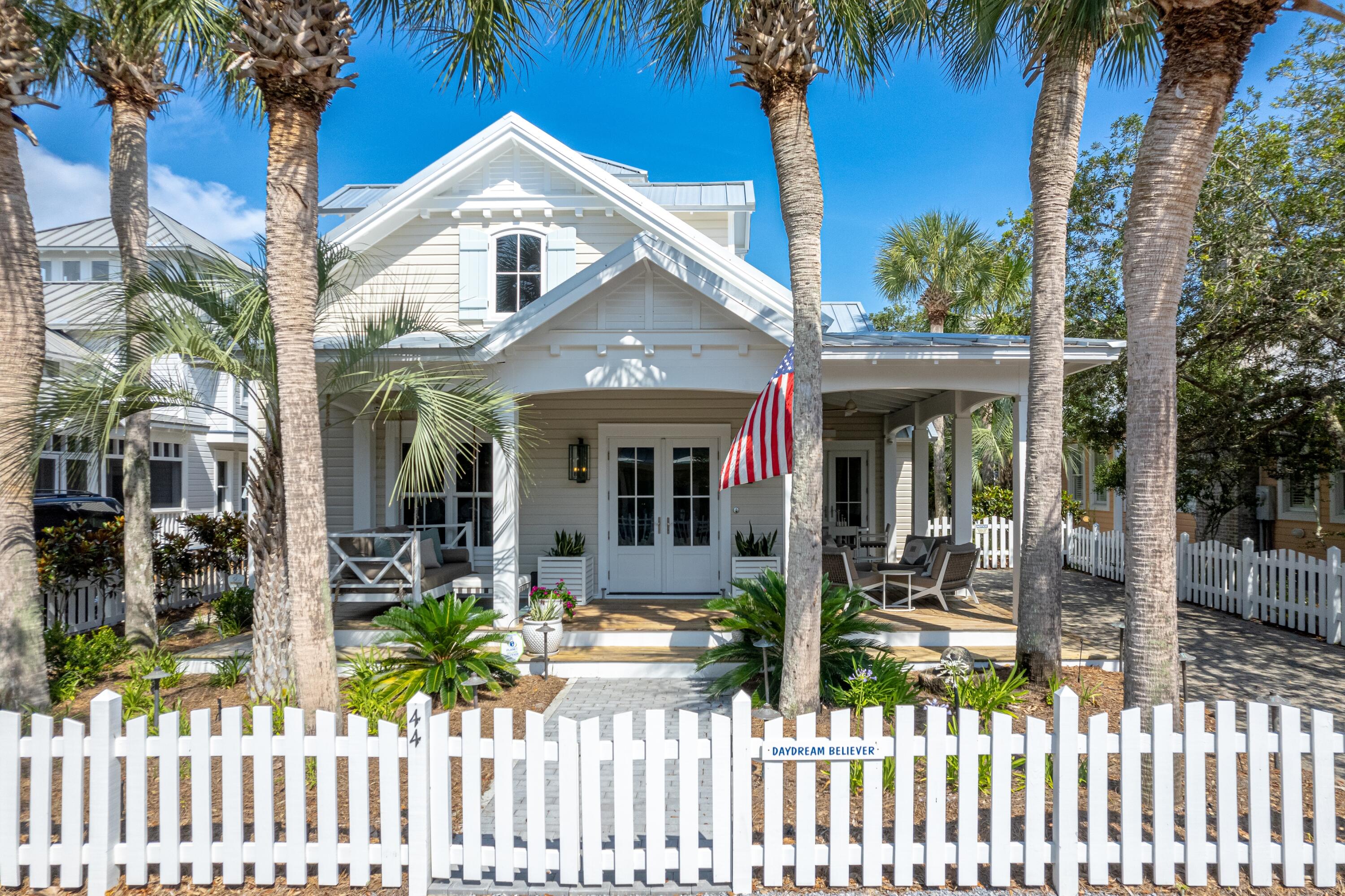 A complete remodel transformed this cottage into the jewel it is today!  Contemporary and bright, this beautiful home shines like no other.  The wrap-around porch is perfect for outdoor living and entertaining.  The stunning interiors are reveled as soon as you step inside, beginning with the soaring ceiling height. Maple floors and white ship-lap walls are used throughout the entire house. Additional features include custom made modern cabinetry, Silestone countertops, concrete resin dining table, high-end appliances - Bosch oven and microwave, Wolf induction cooktop, Sub Zero refrigerator, Whirlpool washer and dryer, tankless water heater, new windows, doors, and roof.  Both new and antique furnishings were carefully hand selected from Provincial France mixing old and new furnishings to create a comfortable beach living experience. The redesigned kitchen includes a pantry, wet bar, and a plethora of storage. Only the best finishes and carefully selected fabrics were used for all furnishings and window treatments. Two guest bedrooms with king beds and private baths are located on the first floor. The second level includes a media loft with queen sleeper sofa and master suite. The master suite includes dressing area, double vanities, separate shower, and soaking tub. The third level is the tower bedroom with two built in beds, storage beneath and a half bath. The backyard provides additional entertaining space or build a complimentary guest cottage.  Only four lots in from 30A and just a quick walk to the west end pool makes this the ideal location for your beach getaway. Exterior storage and private parking onsite.  