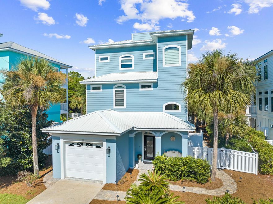 Just south 30A, this completely remodeled home is a short walk from shops, restaurants and quiet beach access. Backing up to green space, this well-located property has a superb back yard with a private pool and expansive gulf views from the rooftop patio. Recent updates to this spacious retreat include adding a fifth bedroom and a full bathroom. Plush furnishings and LVP flooring complement the calming beige decor in the second-floor open-concept living room. It includes a formal dining area and a large wraparound balcony furnished for outdoor living. A granite-topped breakfast bar with stools heralds the open kitchen area. Ample white cabinets and stainless steel appliances provide everything you need for family mealtimes and entertaining.