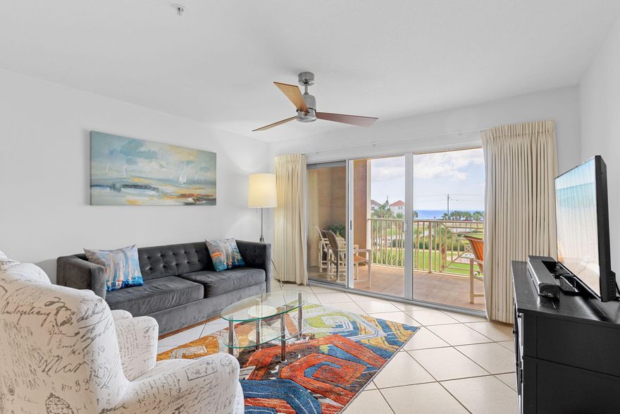Open the door to breathtaking views of the Gulf of Mexico.Large families will love this huge one story condo with 1300+ SF featuring a gulf facing master suite, grand second suite, hallway bunks and a sofa bed to sleep 8! Just updated with fresh white paint throughout. Beachy colors compliment the sand and surf. Bright white chefs kitchen with counter height breakfast bar, spacious dining room and pantry plus brand new range. You will love the convenience of deeded garage parking with direct elevator access--no stairs to climb or weather to be concerned about - just easy living. Access your private covered deck from the family room or main suite and soak in the sea breeze and panoramic views, rain or shine. Walk in laundry room includes cabinets and space for all your beach toys. Securely gated and fully fenced for the utmost in resort living and privacy. 2 pools, one heated, firepit, fitness center and grills throughout the complex. Lighted walkways amplify the complex at night. Walk to the Walton County beach across the street which has bathrooms, ADA ramp access, lifeguard and beach set ups. Concrete and steel construction to last your lifetime and passed onto the family. 
