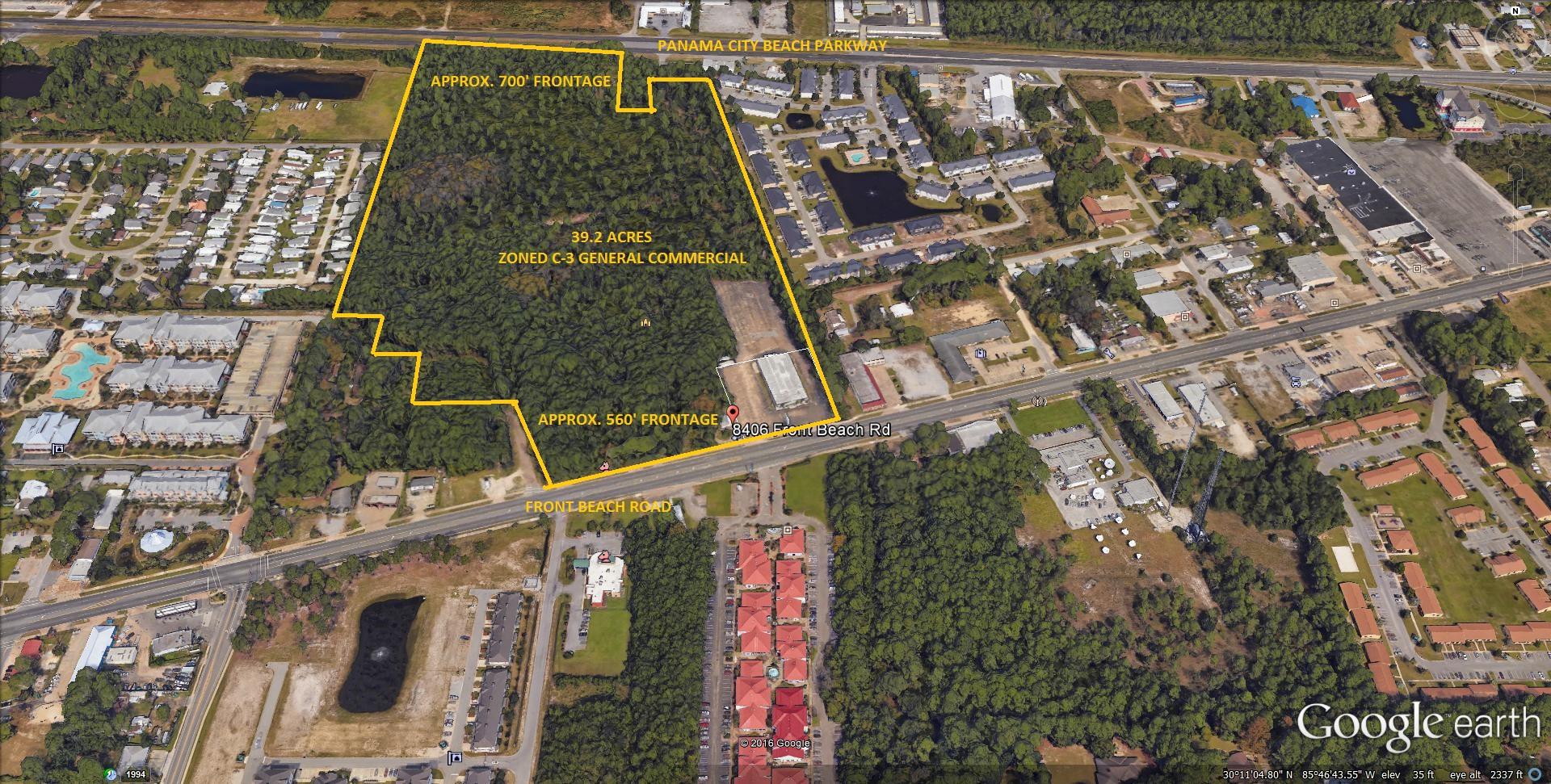 Commercial parcel on Front Beach Road consisting of 39.2 acres in 10 parcels and includes a large 14,080 SF metal building, a small 2152 SF building, and wooded vacant land. Perfect for development! Parcel has approximate 700' road frontage on Front Beach Road and approximate 560' frontage on Panama City Beach Parkway/Hwy 98. Property is zoned C3-General Commercial and was previously planned as the Urban Blu Development located in Panama City Beach, Florida and close to the beach and the bay. Highway frontage on 2-major roadways and both have excellent daily traffic counts.