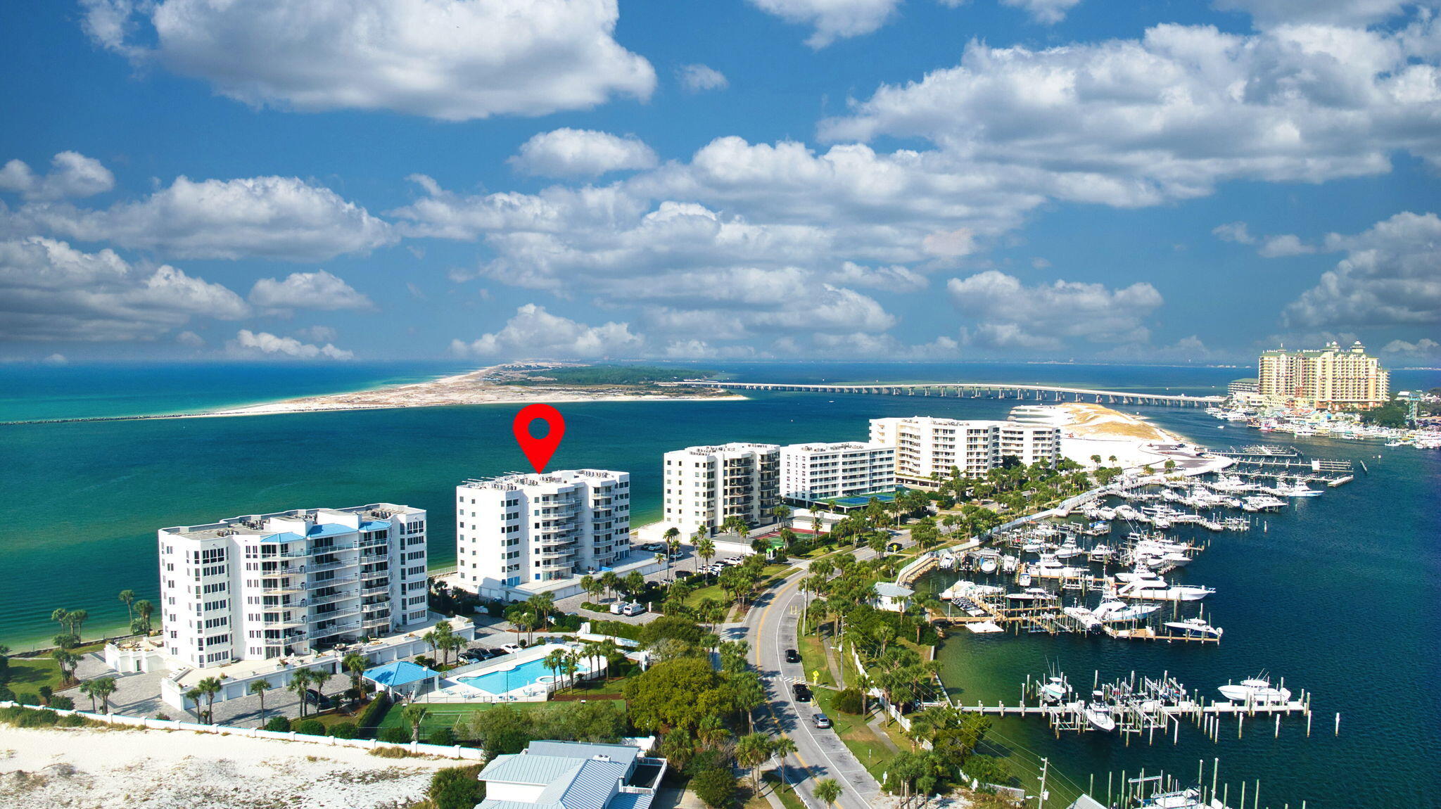 Located on the 4th floor of the prestigious Waterview Towers Yacht Club, this elegant residence blends refined design, exclusive privacy, and panoramic waterfront vistas. Enjoy sweeping views of the Gulf, Destin Harbor, and East Pass, where dolphins play, boats drift by, and the Thursday evening fireworks light up the sky--all from the comfort of your own home.The expansive floorplan offers king-sized bedrooms, including two Gulf-front suites with private ensuite baths for ultimate in comfort and convenience. The open-concept living space is enhanced by travertine flooring throughout, crown moulding, an electric fireplace, and dual sliding glass doors that showcase the stunning coastal views. The chef's kitchen is appointed with Viking appliances, rich mahogany cabinetry, and granite countertops, while a wet bar with wine chiller and ice maker add to the entertaining appeal. Additional highlights include custom solid interior doors, glass-enclosed walk-in showers, remote-controlled shades, and two private balconies overlooking both the Gulf and Harbor.
A rare advantage of this unit is the inclusion of two adjacent private garages and two large, climate-controlled storage rooms, offering generous space for vehicles and personal storage.
Residents enjoy security-controlled access to the gated entry, lobby, elevators and marina, as well as exclusive amenities: private beach access, a newly updated fitness center, swimming pool, spa, tennis court, and an elegant, recently renovated lobby. With only three residences per floor and a no short-term rental policy, Waterview Towers Yacht Club ensures a lifestyle defined by peace, privacy, and prestige.
And ...
Deep water 15 x 35 boat slip #5 is optional.
Kevlar storm/window protection is included.