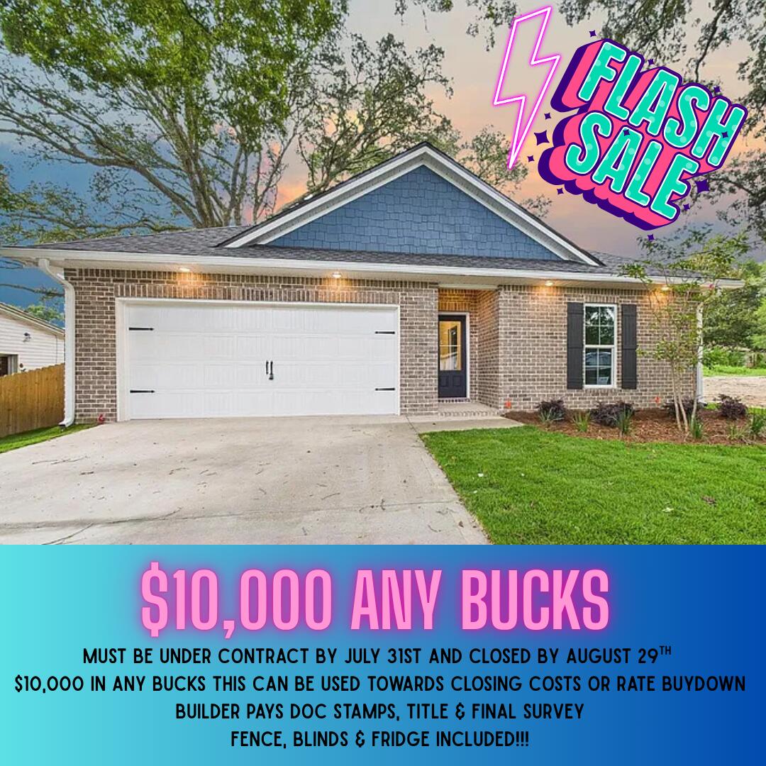 Flash sale! $10,000 ANY BUCKS towards closing costs or rate buy down! Builder will include fence, blinds and refrigerator, as well as pay for doc stamps, title, & final survey. This beautiful 3-bedroom, 2-bathroom home by local builder offers quality craftsmanship and modern design in a classic craftsman style. Interior features include quartz countertops, custom shaker-style all-wood cabinets with soft-close doors and drawers, stainless steel appliances, a large center island with breakfast bar, a walk-in pantry, and solid surface flooring throughout for low-allergen living. Additional highlights include 9'-11' ceilings, crown molding, sprinkler system and more. Must be under contract by July 31st and closed by August 29th to receive the $10,000 any bucks!