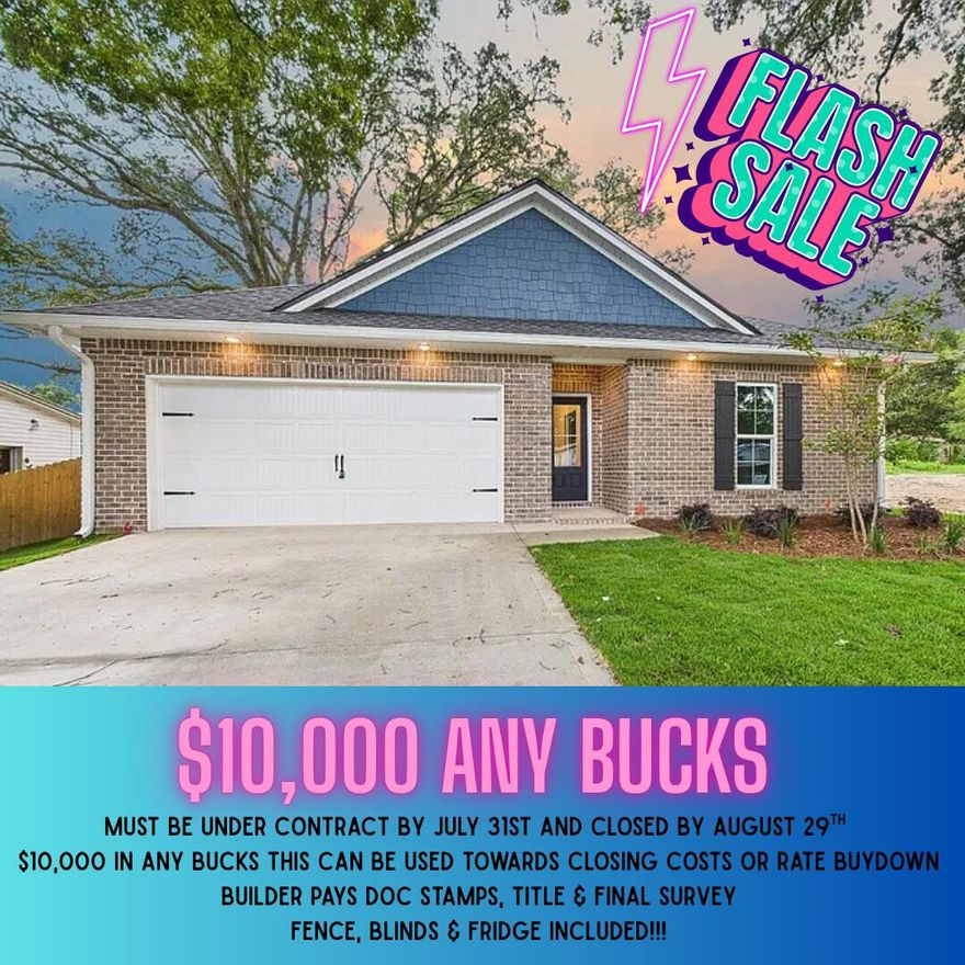 Flash sale! $10,000 ANY BUCKS towards closing costs or rate buy down! Builder will include fence, blinds and refrigerator, as well as pay for doc stamps, title, & final survey. This beautiful 3-bedroom, 2-bathroom home by local builder offers quality craftsmanship and modern design in a classic craftsman style. Interior features include quartz countertops, custom shaker-style all-wood cabinets with soft-close doors and drawers, stainless steel appliances, a large center island with breakfast bar, a walk-in pantry, and solid surface flooring throughout for low-allergen living. Additional highlights include 9'-11' ceilings, crown molding, sprinkler system and more. Must be under contract by July 31st and closed by August 29th to receive the $10,000 any bucks!