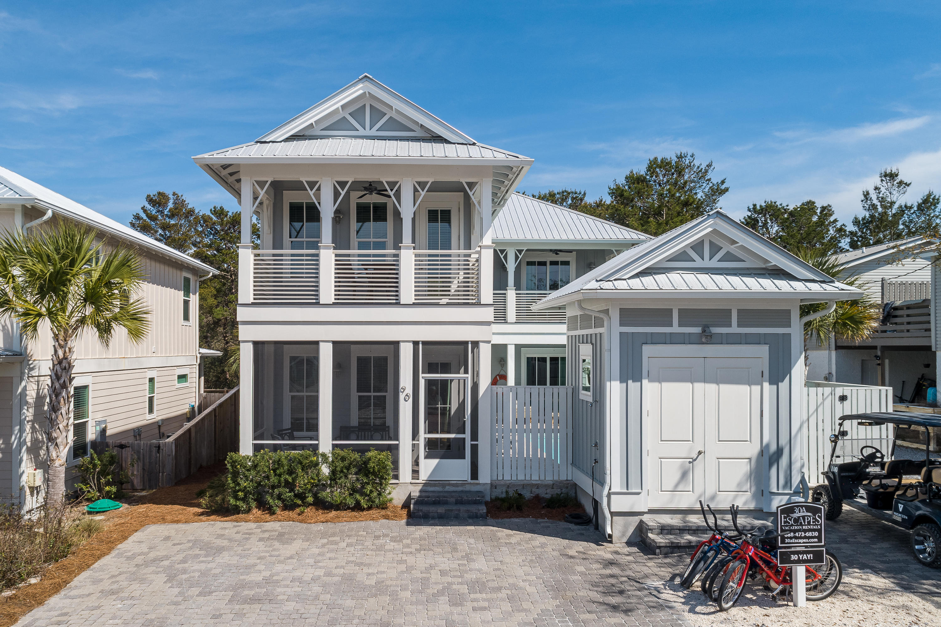 This stunning custom home features 3 master suites and numerous upgrades throughout, including the luxurious furnishings.  Each suite has its very own porch as a bonus.  It is located in the highly sought area of Old Seagrove Beach with two beach accesses close by.  The house has an open floorplan that spills into the pool area with a master on the first level along with the main living areas and kitchen, which has upgraded appliances and fixtures.  The floors are made of eucalyptus and there is shiplap in all common living areas.The oversized 12'x24 'pool creates an outdoor oasis with its private cabana and bar, upgraded travertine on the pool deck, custom glass tile and gas grill.  The backyard is the ultimate in privacy!  The house is currently on a rental