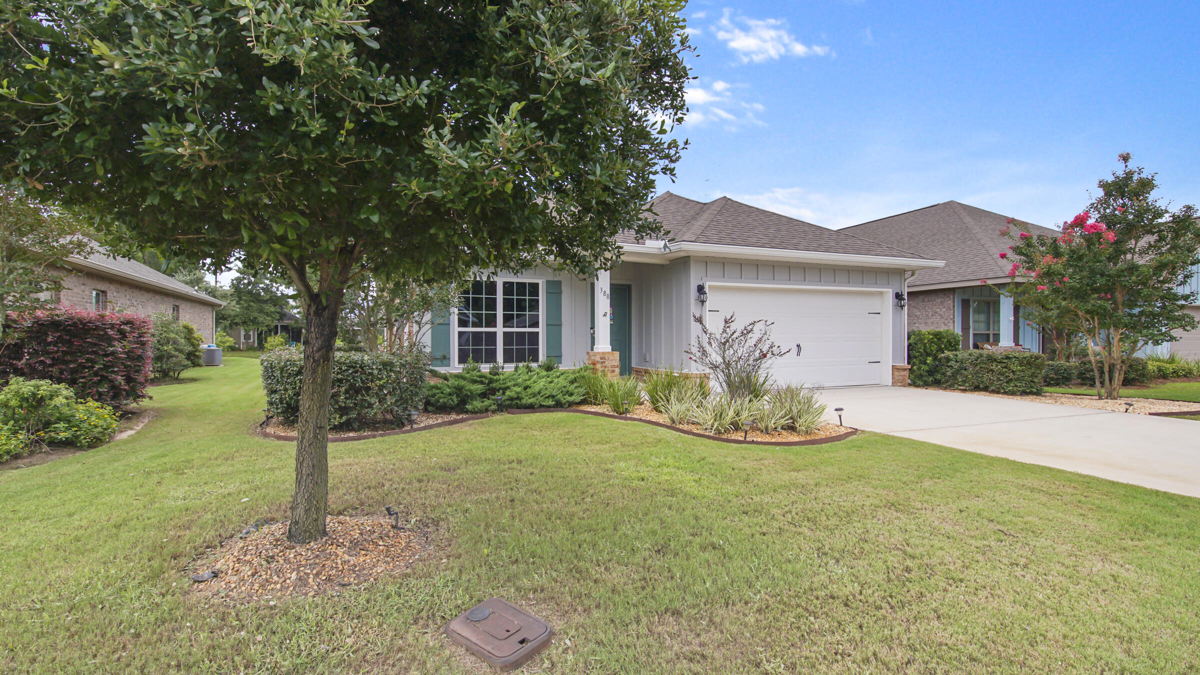 Must see! This charming waterfront home is move-in ready! Imagine a day of enjoying the Emerald Coast beaches, biking down 30A or fishing from near by boat ramps coming home sitting on your screened-in back porch watching the wildlife, waving to neighbors or enjoying all the amenities HB has to offer...so relaxing! Other features/upgrades to enjoy: painted & pallet wood look accent walls, floating shelf for tv components, clean LVP & tile floors (carpet in bdrms), tile backsplash in kitchen, SS appliances, granite counter tops, under-mount sink, ceiling fans in most rooms, french doors in office and window blinds. Relax outside with: screened-in back porch, ceiling fan, sun shades, 12x13 back paver patio, water fountain and a sought after water view lot. Must see!