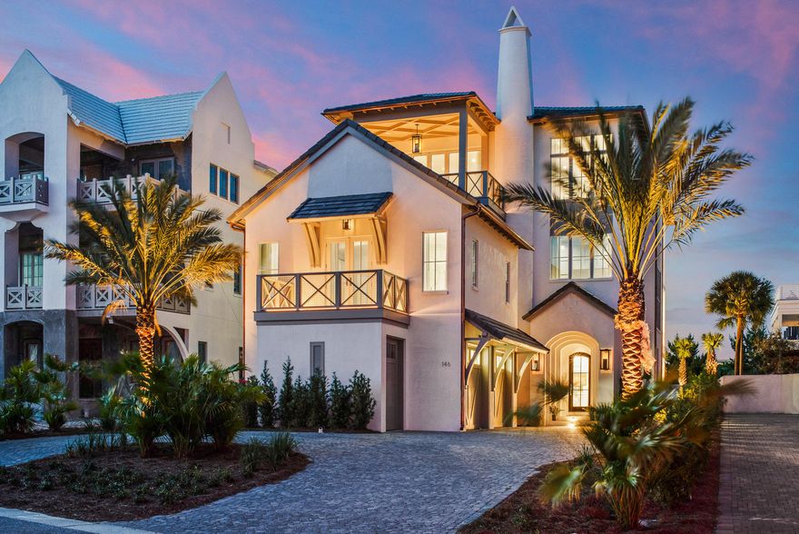 Located in one of 30a's most luxurious and exclusive communities, 146 Paradise By the Sea is a grand and magnificent home located only steps from the beach. This home features outstanding Gulf views, six bedrooms, eight bathrooms and full gym, a palatial third floor living and dining room with beautiful chandeliers accenting the space, and large covered porches on the second and third floors. A game room, two full kitchens; with a third outdoor kitchen, and laundry on every floor make it easy to spend time with family. Afterwards, retire to one of the several master bedrooms with large master bathrooms.  The private guarded community of Paradise By The Sea is one of the most prestigious neighborhoods on 30a,