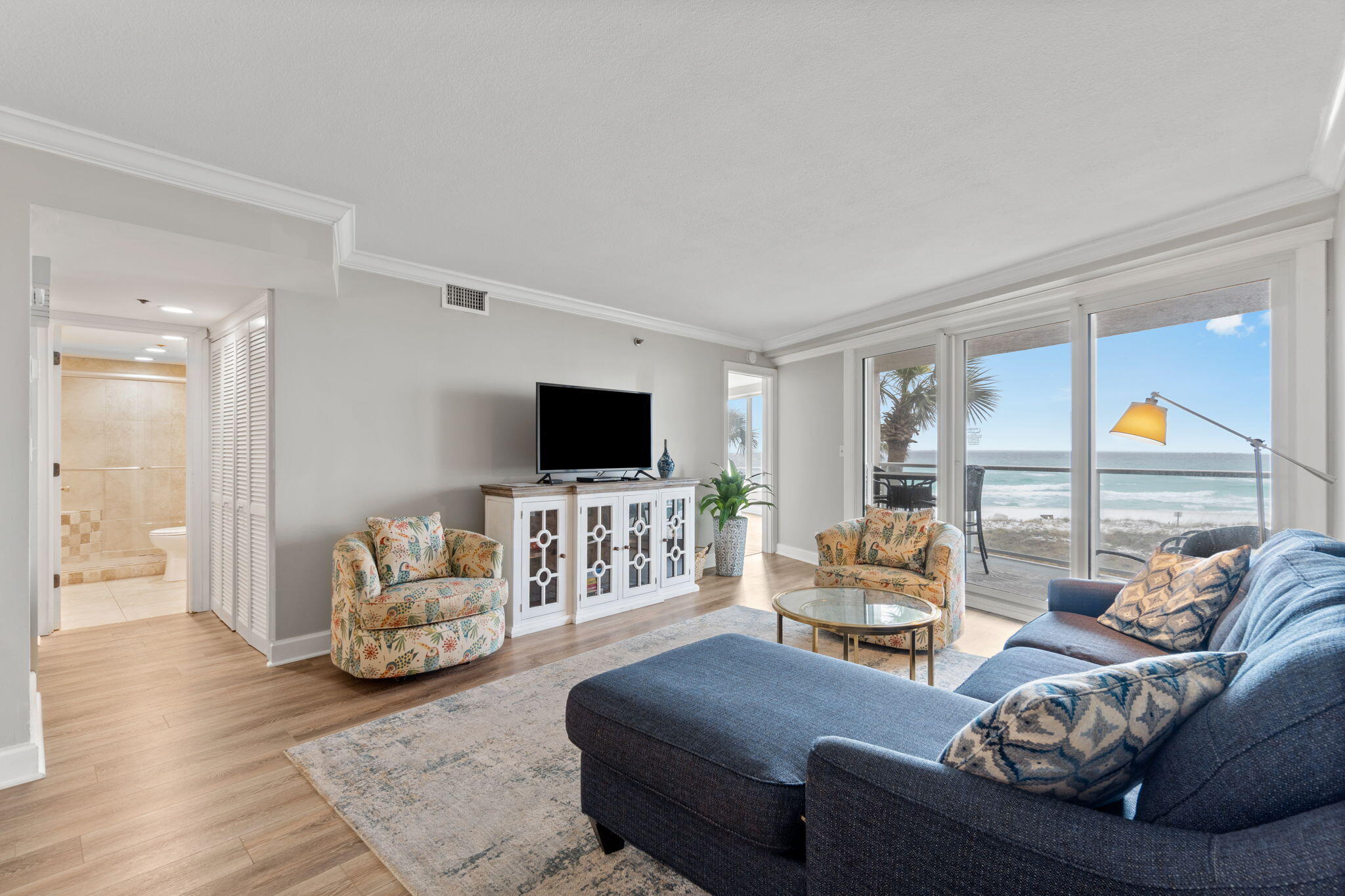Listen to the waves & enjoy Awesome Views at Happy Hour or morning Coffee on your Gulf Front Balcony. 2 Bedroom Condo, nicely Renovated Open plan with luxury vinyl flooring throughout, new Furnishings & Decor. Private Gulf Front Master Bedroom Suite has a walk-in Closet, Tub/Shower Bath & Balcony access. Open Kitchen has new stainless steel appliances & Quartz Countertops. Living Area, Dining Area & Kitchen all offer Gulf Views. Guest Bedroom has access to Bath with walk-in Shower. Stackable Washer/Dryer. The Condo's very attractive Floor plan offers natural light & beautiful Gulf Views from an optimal 3rd floor level. Beachside 2 offers Beautiful Private Beach with Gated Beach Access, Gulf Front Pool, Grilling area & Exercise room. Conveniently located in the renown Sandestin Resort.... nestled between Choctawhatchee Bay & the Gulf, with endless amenities: 4 Golf Courses, numerous Tennis Courts/Pickleball Courts, Marina, Gym, Spa, miles of walking/bike paths, and Baytowne Village, Market Shops & nearby Grand Blvd shopping & dining, all accessible by Golf Cart. Perfect Vacation Beach Home or Rental Property. Information & dimensions deemed correct but Buyer to verify. BeachBlue Annual Rental Projection $47,000 to $53,000 with Owner Usage. 2024 Rental History was $33,000 because of scheduled renovations for balconies, windows and doors and pool renovation/construction.