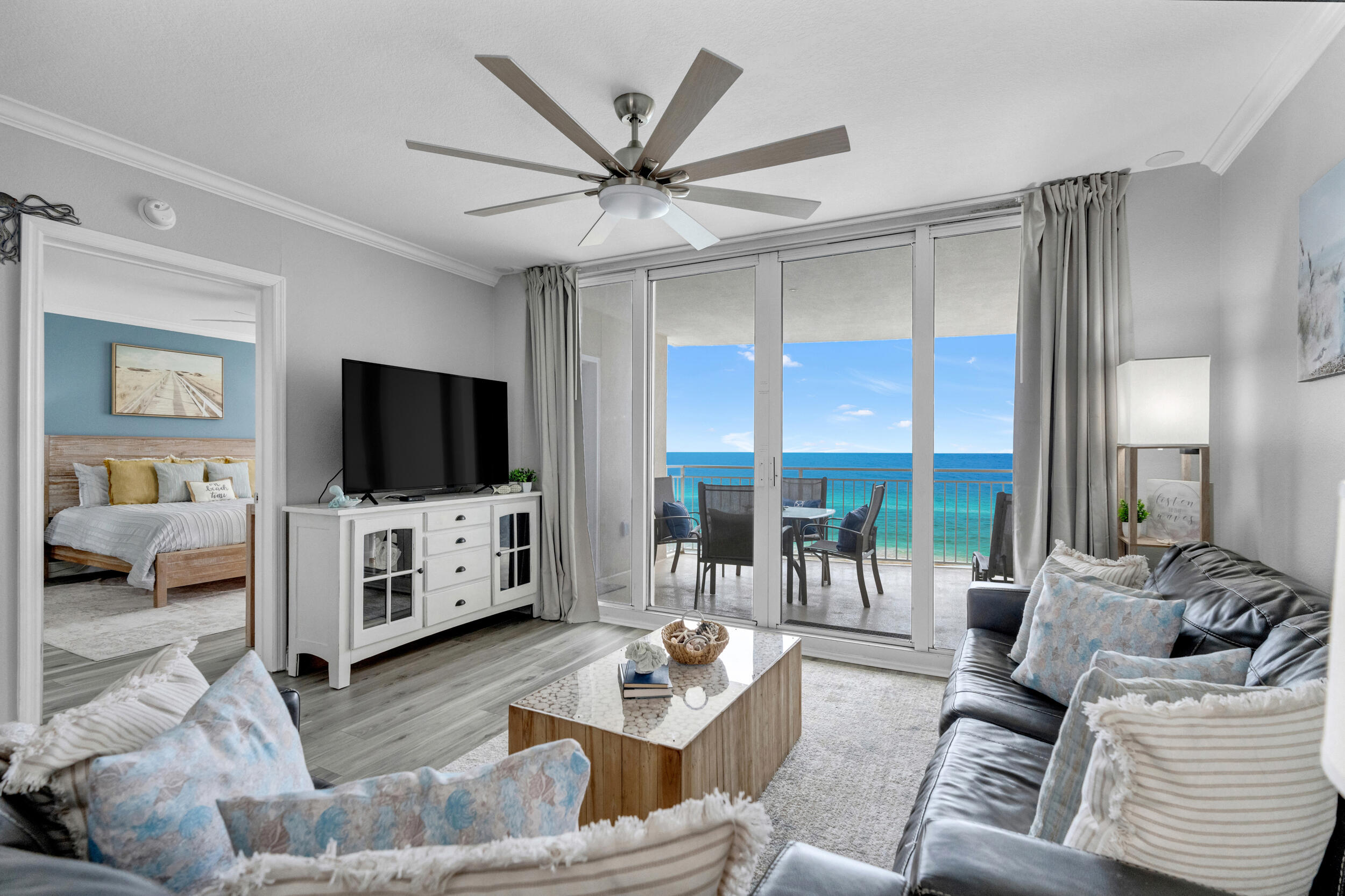 Emerald Beach Resort-Unit 2525.Perched right at the top of the resort ,unit 2525 is not just the Penthouse but also a corner unit ,offering unparalleled views and a unique living experience .This unit combines the luxury of penthouse living with the benefits of a corner placement ,ensuring you enjoy the best of both worlds .The elevated position provides breathtaking views of the Gulf of America ,while the corner location grants a peaceful and tranquil experience .With two bedrooms ,two full baths, and additional bunks in the hallway ,this 1299-square foot unit is truly a rental dream .The unit has recently been upgraded with new LVP floors and a fresh coat of paint throughout ,the new colors adding a modern touch .The bathrooms have been updated with new vanities, lighting and toilets ,The kitchen features granite countertops and stainless steel appliances ,making it a chef's paradise. There are new throw rugs in the bedrooms and family room ,and all furniture is under a year old .You'll also find fresh new linens, light fixtures and more throughout the unit .The master bedroom is gulf-front, offering amazing views that will take your breath away .The master bath includes a soaking tub and separate shower ,perfect for relaxing after a long day. The HVAC system was updated in 2021, and the water heater was replaced in 2023,new dryer just added July 2025 ensuring comfort and convenience. Emerald Beach Resort has so much to offer ! The Sky Bar is perfect for enjoying your favorite drinks and people-watching .There is a pool on the gulf side with Tiki Bar and a lagoon pool on the north side .On - site amenities include a Starbucks , a state- of- the-art workout room ,the Sunsations gift and sundry shop ,and a game room. Come and see for yourself what makes Emerald Beach Resort such a special place .I am confident that you will fall in love with Unit 2525 and all the resort has to offer .