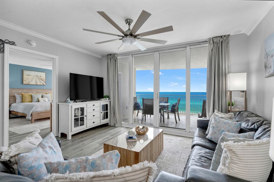 Emerald Beach Resort-Unit 2525.Perched right at the top of the resort ,unit 2525 is not just the Penthouse but also a corner unit ,offering unparalleled views and a unique living experience .This unit combines the luxury of penthouse living with the benefits of a corner placement ,ensuring you enjoy the best of both worlds .The elevated position provides breathtaking views of the Gulf of America ,while the corner location grants a peaceful and tranquil experience .With two bedrooms ,two full baths, and additional bunks in the hallway ,this 1299-square foot unit is truly a rental dream .The unit has recently been upgraded with new LVP floors and a fresh coat of paint throughout ,the new colors adding a modern touch .The bathrooms have been updated with new vanities, lighting and toilets ,The kitchen features granite countertops and stainless steel appliances ,making it a chef's paradise. There are new throw rugs in the bedrooms and family room ,and all furniture is under a year old .You'll also find fresh new linens, light fixtures and more throughout the unit .The master bedroom is gulf-front, offering amazing views that will take your breath away .The master bath includes a soaking tub and separate shower ,perfect for relaxing after a long day. The HVAC system was updated in 2021, and the water heater was replaced in 2023,new dryer just added July 2025 ensuring comfort and convenience. Emerald Beach Resort has so much to offer ! The Sky Bar is perfect for enjoying your favorite drinks and people-watching .There is a pool on the gulf side with Tiki Bar and a lagoon pool on the north side .On - site amenities include a Starbucks , a state- of- the-art workout room ,the Sunsations gift and sundry shop ,and a game room. Come and see for yourself what makes Emerald Beach Resort such a special place .I am confident that you will fall in love with Unit 2525 and all the resort has to offer .
