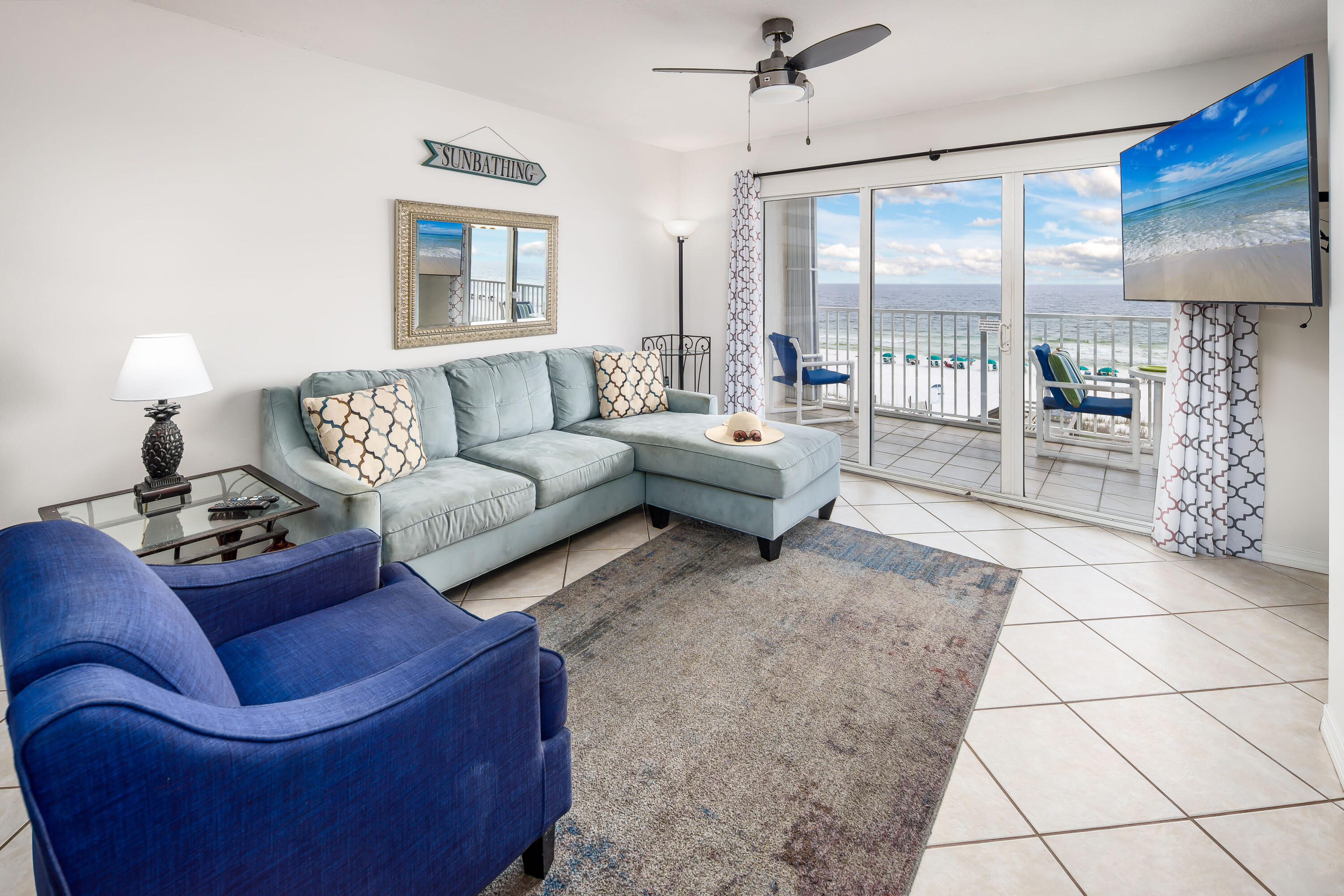Gulf Dunes 416 - Ocean's Edge!! This two-bedroom/two-bath with a bunk room unit is artfully decorated with the finest furnishings and beautifully bright colors! The spacious master bedroom is beach front with entry to the private balcony. Another entry is from the living room area. The beauty of the emerald coast can be admired from the dining and kitchen areas as well. . For your laundry needs a washer and dryer can be found in this beach front condo as well. Unit has a 58 inch SMART Flat screen television.Assingned gargage parking space included!