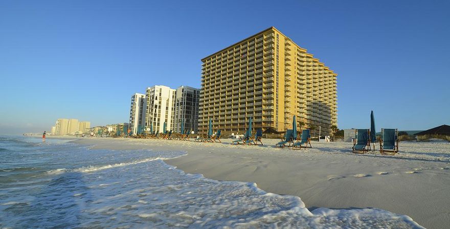 Perfect vacation or rental investment. On the beach with a view of the Emerald Green Waters & Sugar White Sandy Beaches. Outstanding one bedroom condo with bunks. Two full Baths. Tile in the main living area. A must see to appreciate all the details. Furnished Turn Key. Amenities Include: Three Pools, Two Hot Tubs, Sundeck, Fitness center, Tiki Bar, Tennis Courts, Beach Service. Onsite Gift Shop & Cafe. Conference Center & Covered Parking. Buyer to verify all room dimensions and Sq. Footage.