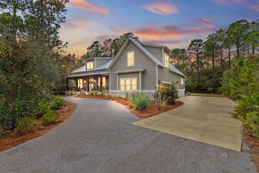 Point Washington is more than a destination--it is a lifestyle. Towering pines, birds and wildlife are all around, and the majesty of Choctawhatchee Bay is just down the street. If you love serenity, nature's bounty and a peaceful retreat this one's for you. This home is custom built by Lollie Construction, and boasts generous rooms sizes, hardwood flooring by Seashore, gas fireplace of Florida fossil stone, massive glass barn door between living and kitchen areas, shiplap on ceilings and walls, Wolf appliances, and generous outdoor spaces. There is a large screened porch in back for grilling, dining and wildlife viewing, and a welcoming shady front porch with rockers waiting for you The upstairs bonus room has a closet and full bath and can be used for living space/bedroom.