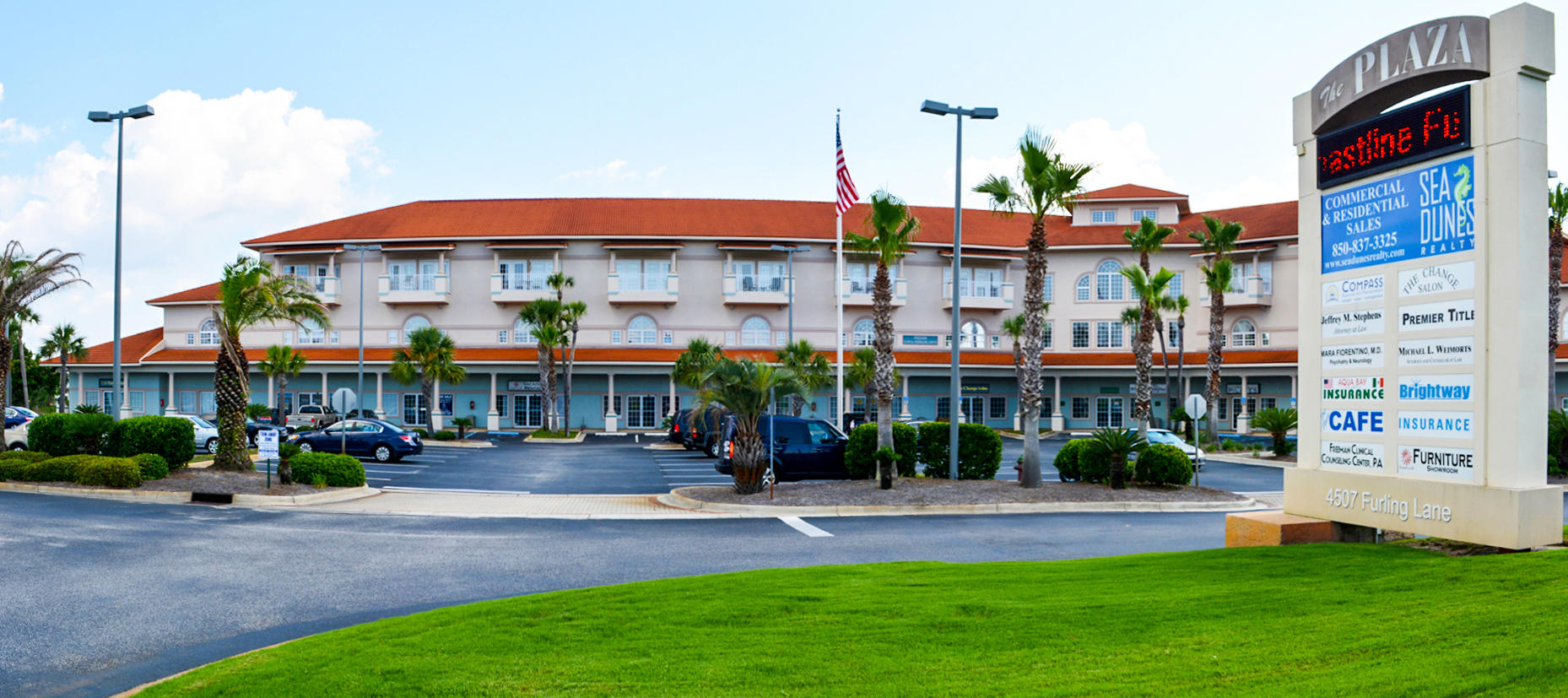 Ground floor executive office or retail space, renovated in early 2013, MOVE-IN READY AVAILABLE FOR IMMEDIATE OCCUPANCY. High visibility plaza on the north side of Highway 98 with high traffic count. Consists of approximately 1,410 square feet with reception/lobby area, 4 spacious offices, a large conference room, a generous storage/file area, an open work space, a kitchen area and a restroom. The floors in the reception/lobby, hall, conference room, kitchen, work area are hand scraped engineered hardwood and the offices are carpeted. Unit 106 is located right in the middle of the building with the front door facing the entrance from Hwy 98 and has a front and back entrance (additional parking in the back of the complex). The building exterior was repainted in 2013 and the parking lot was