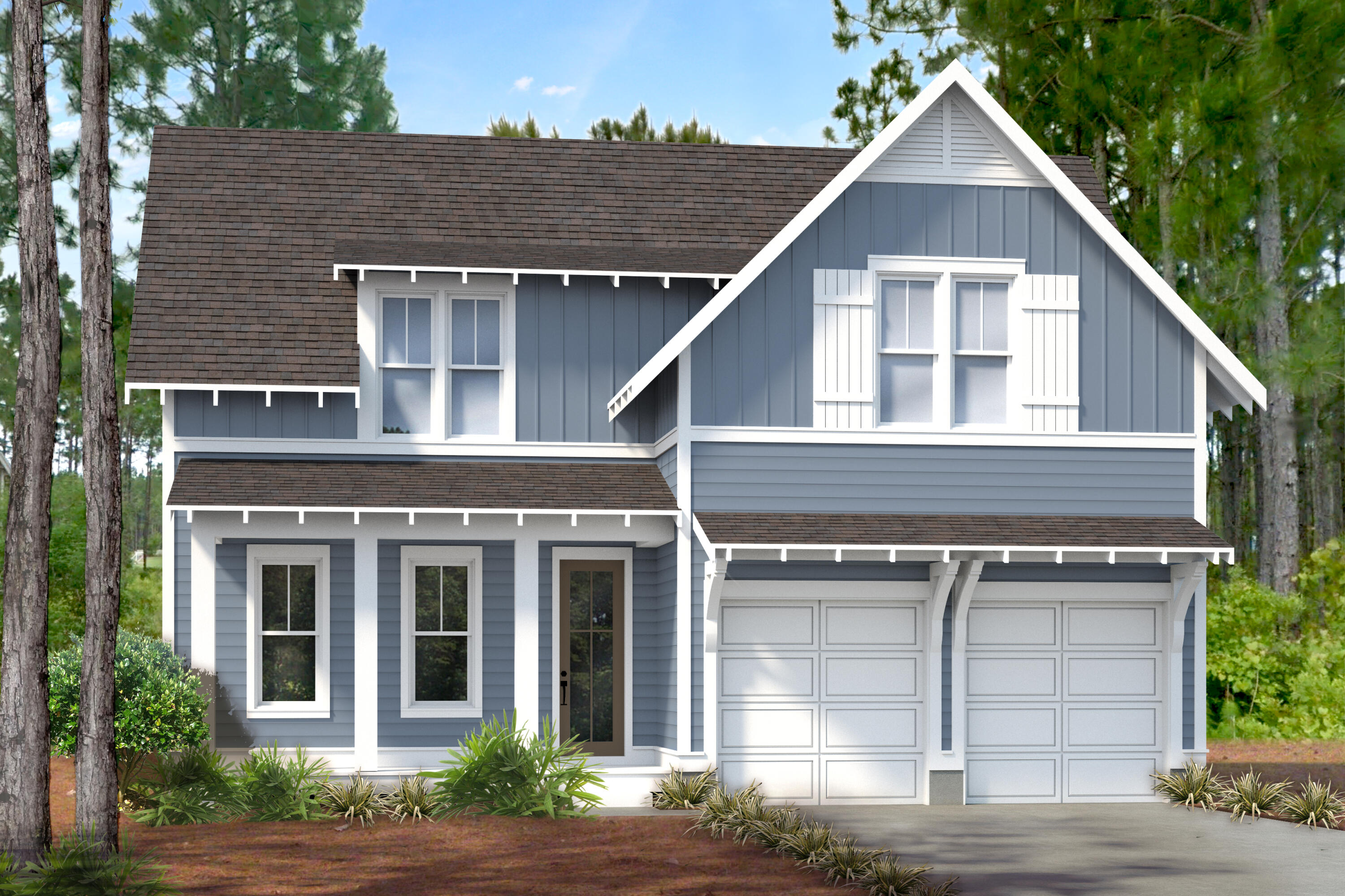 Welcome to The Pines, a new phase of the Watersound Origins community tucked away amongst the native landscape and just a stone's throw from Lake Powell. This Coral Bean plan from Huff Homes has 4 bedrooms, 4.5 bathrooms, an upstairs Flex room and a 2-car garage. It is expected to be complete by August 2023. Luxury interior upgraded features include 10' ceilings on the first floor and 9' ceilings on the second floor, crown molding throughout the main living area, solid core raised panel doors, luxury Medallion wood flooring throughout, Quartz C countertops throughout, stacked glass cabinets in addition to the standard cabinets with easy glide drawers, upgraded Bosch appliances with a 36 inch range and 36 inch Best hood, shiplap on all living room walls, along with one full wall in master