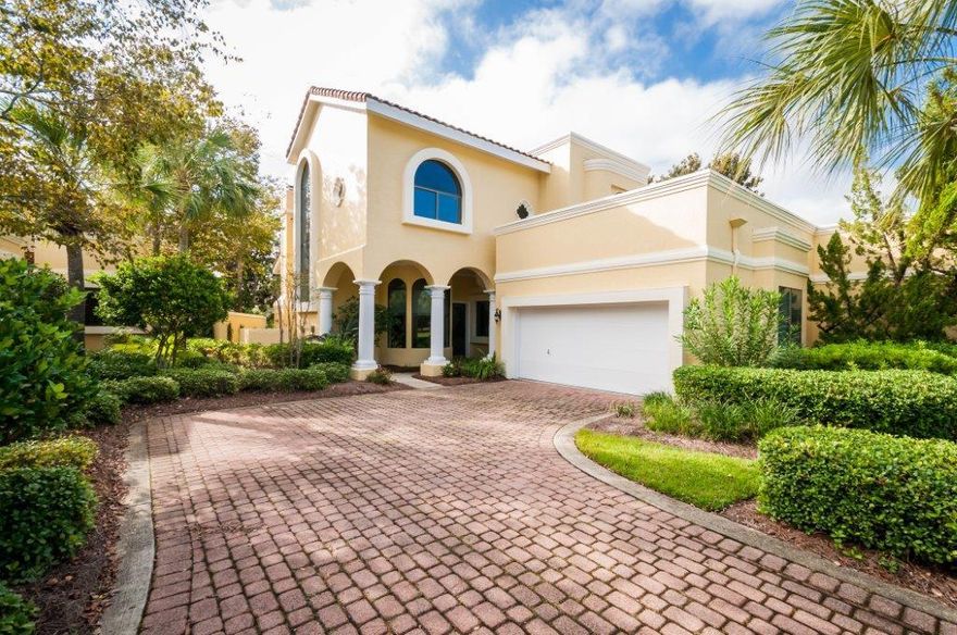 VIEWS, PRIVACY, SPACE--The Fountains, a gated enclave of 25 properties, convenient to The Village, tennis facility, marina. GOLF CART INCLUDED! Home has lake and Baytowne golf course view with an exceptional view from upstairs balcony. Kitchen, with dramatic curved wall of windows, has stainless steel Dacor microwave and stove in large kitchen island, Bosch dishwasher, Kitchen-Aide refrigerator. Other great features: walk-in pantry, hardwood flooring, built-in closets, gas fireplace, over-sized garage, ground floor bedroom and bath, large garage. Exterior recently painted with 7-year Elastomeric paint. Soaring great room ceiling and large windows are impressive. Fountains fees are $395/mo. SOA fees are $362.75/qtr. Transferable home warranty to 3/18. Buyer to confirm all information