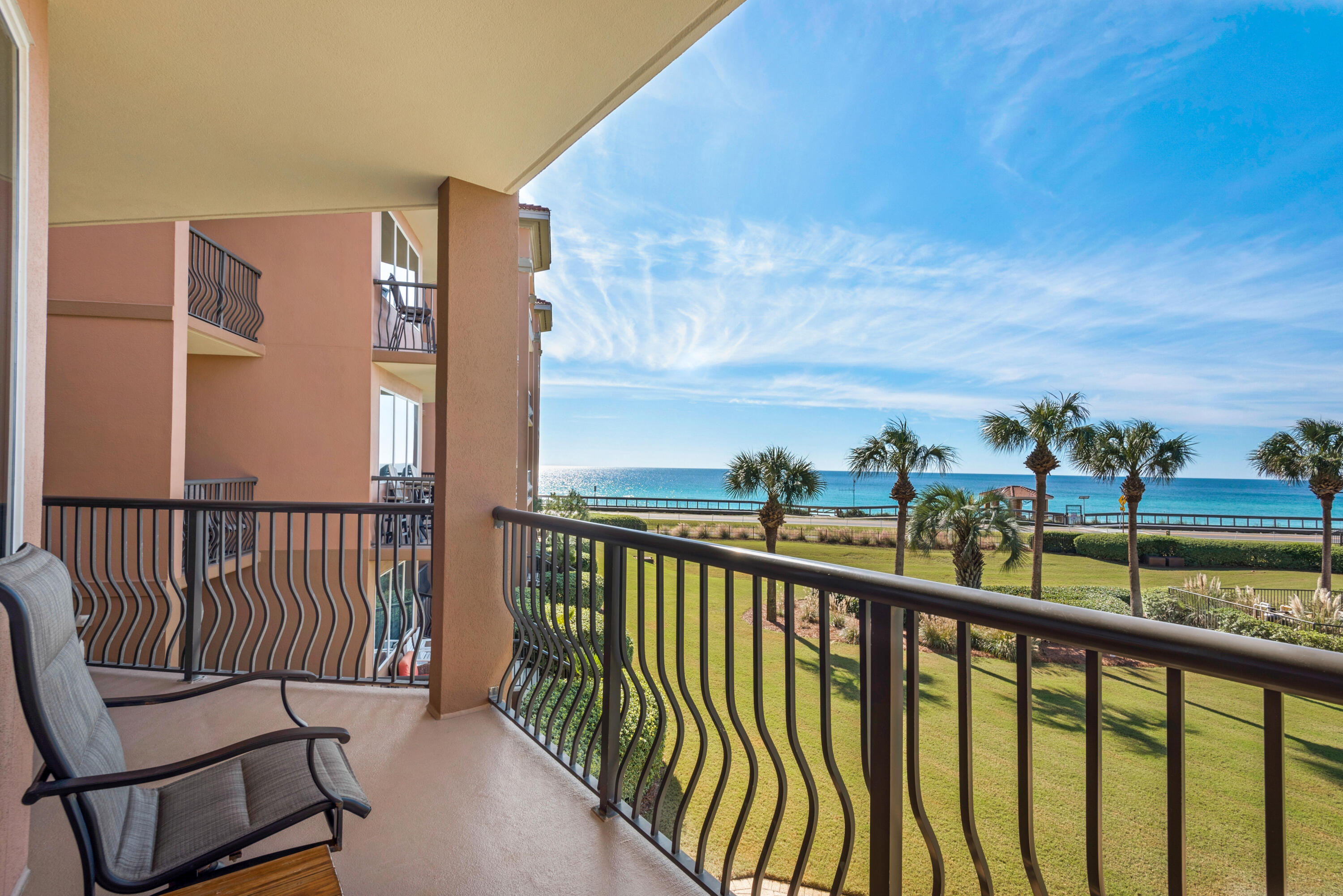 The Mediterranea is a low density, five star resort, conveniently located on Scenic Gulf Drive near Pompano Joe's. This luxury resort is in a gated community boasting 500 ft of private, deeded beach, a huge pool, gorgeous grounds, poolside spa, fitness room and large owners lounge. 312D is truly a gorgeous condo and comes with a new kitchen, solid surface counters, stainless appliances, tiled backsplash, floor to ceiling windows, and 3 balconies with breathtaking views of the Gulf. It is currently on a vacation rental program that grosses about $100k per year, but it can also be used as a primary residence, 2nd home or vacation rental. It comes completely furnished in a coastal decor that will please anyone's taste. There is also a deeded parking space storage cage in the garage