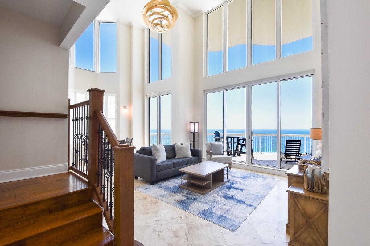 Best Penthouse on the Market! Located on the 19th and 20th floor of Silver Beach Towers West, on the east side, a premium Gulf Front View 110' feet from the water. Silver Beach East and West front the gulf with over 600' feet! Amenities include swimming pools (heated in winter), hot tub, private dune boardwalk to the beach and well lit tennis courts. Two story great room, dining room and first and second master bedrooms are all gulf front. This home features travertine, granite countertops, and stainless steel appliances.Penthouse 1 also includes a 2 car garage within the garage. ...