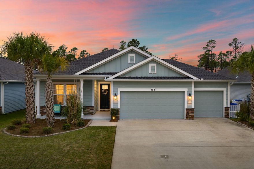 Welcome to 443 Locksley Drive, a rare opportunity to own a pool home with screened enclosure in the highly sought-after Breakfast Point community of Panama City Beach. This beautifully upgraded residence features 3 bedrooms, 2 full bathrooms, a dedicated office, and a 3-car garage, offering the perfect blend of function and luxury. The spacious kitchen is open to the living area and includes a custom wine cooler, large island, quartz countertops, soft-close white cabinetry, and a customized pantry for optimal organization. No detail has been overlooked as this home features surround sound, gutters, Teflon storm shutters, a sprinkler system, and under-cabinet lighting in the kitchen. It is also equipped with the Benjamin Franklin Lightning Protection System, which provides a low-impedance path to safely ground lightning strikes, an exceptional and rare upgrade. 

The guest bathroom includes a premium walk-in tub/shower hybrid, combining comfort, safety, and therapeutic design. The primary suite overlooks the serene pool and backyard, creating a peaceful retreat. The ensuite bathroom features a double vanity, a large tiled walk-in shower, and a customized walk-in closet for ample storage. 

Step outside to your private saltwater pool with waterfall feature and sun ledge, outdoor fireplace, mounted TV, custom sunbathing chairs, and an outdoor shower, which is all within a fully screened enclosure for easy maintenance and year-round enjoyment. Beyond the pool lies a private natural backdrop with no rear neighbors, adding to the home's sense of tranquility. The three-car garage offers plenty of room for vehicles, a boat, or golf cart. A built-in tree hall with hooks and shelving is conveniently located near the laundry room, which includes a sink and additional cabinetry. 

At the community entrance, there is a Publix located within the Breakfast Point Marketplace Shopping Center. With this location, you are near various neighborhood playgrounds, minutes from Duplin Winery, and only a short five-mile drive to Pier Park and Frank Brown Park for a plethora of shopping and recreational opportunities. 

Breakfast Point offers its very own Breakfast Point Academy (PK-8), and various recreational parks (Paseo Park, Azalea Park, Friendship Park, Grove Park, etc.) ideal for children and families. Want to exercise? Breakfast Point offers various sidewalks perfect for the avid runner or for an afternoon stroll with your pet. You can even take your bike on the muti-use path to Gayle's Trails from the neighborhood. This one truly checks all the boxes; modern finishes, functional spaces, and a resort-style backyard, all in one of Panama City Beach's most desirable communities. Schedule your private viewing today.

