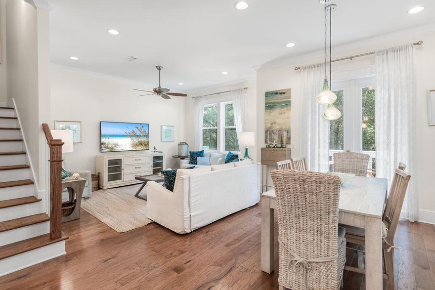 Welcome to the wonderful lifestyle village of Prominence. Whether a permanent residence or vacation destination this community is noted for embracing the serene exclusive experience of 30a. Located in Phase 1, this clever Cozumel floor plan features a two car garage, open concept living, dining, and kitchen on the first floor. The kitchen is furnished with GE appliances, subway tile backsplash, and focal GE wall-mounted vent hood. There is also a laundry room with additional storage under the stairs and half bath. Moving to the 2nd floor, three bedrooms greet you with warm hardwood floors. The Master features a tray ceiling and large on-suite bathroom with beautiful tile floors, double vanity with granite top, and walk-in shower.