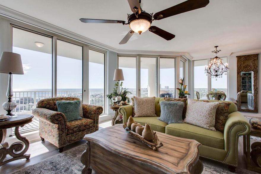 Exclusive 11th floor One Beach Club Drive, West end location, Enjoy expansive views of the Gulf, Bay, Sandestin Resort, and Destin. from the signature floor to ceiling windows and spacious wrap around balconies! Updated with exquisite fixtures, lighting, and newly added stacked stone fireplace and shelving. Primary Suite with walk-in closet with custom cabinetry. Ensuite bath, includes enlarged shower, bidet, and freestanding soaking tub for a luxurious bathing experience. Private balcony access and electronic Hunter Douglas blinds. Three additional Guest rooms, each with their own private balcony access. Kitchen with Sub Zero Refrigerator and Full-size Wine Refrigerator. Abundance of cabinetry with glass display doors for your prettiest treasure's, 3 additional Guest rooms,