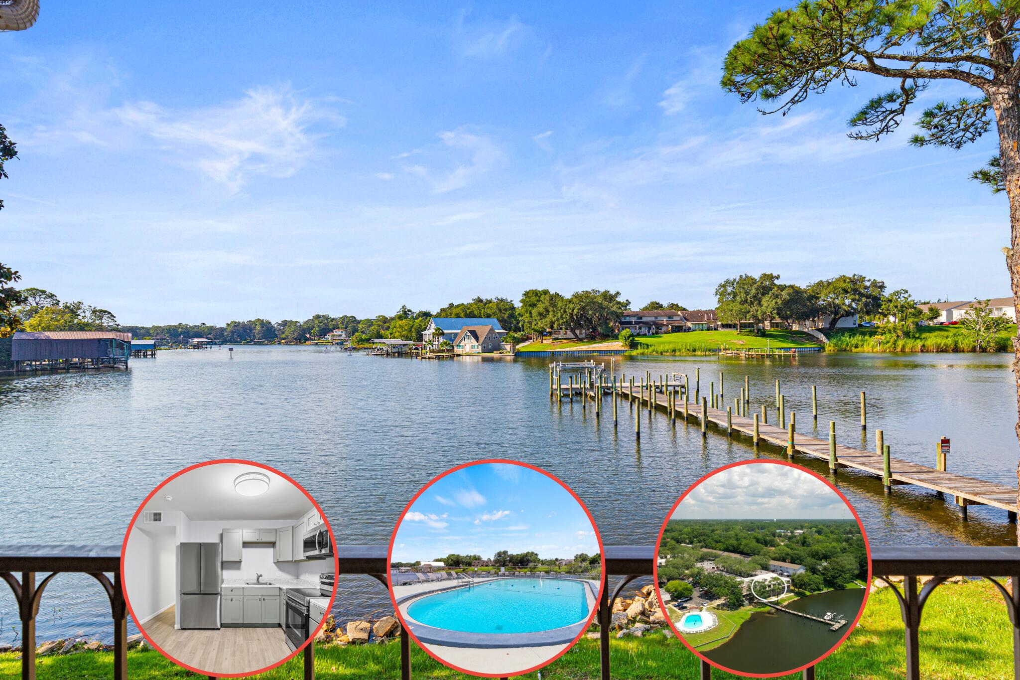 Welcome home to a GROUND FLOOR, WATERFRONT property that unveils easy, peaceful living. Priced to sell, this 1 bedroom 1 bath has been completely updated! New vinyl plank floors, kitchen and bath, hot water heater, HVAC and lighting throughout. The entire building experienced an upgrade in 2025 to include new wiring, plumbing and roof giving you the feeling of new construction! Sip your coffee on your private balcony overlooking Cinco Bayou. Launch your kayak or paddle board on the dock or just wet a line. Community amenities also include a pool and tennis courts. This complex is VA approved, too!