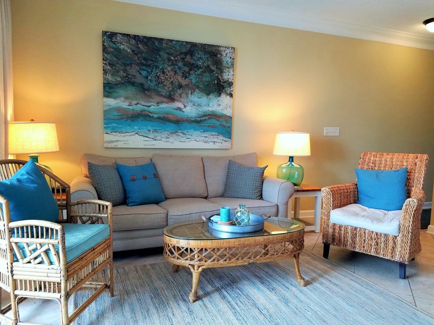 A well appointed 2nd floor unit on the west side of the building. This unit has a successful owner managed rental history. This condo is perfect for families. The large master bedroom has an attached bathroom, the bunk beds are semi-private tucked away in a nook and have an additional attached 1/2 bath. The living/dining room and kitchen are open and connect to the large balcony. The unit is sold with all the furnishings and decor-no exclusions! Cabanas is part of Gulf Place Community and owners have full access to 3 private deeded beach accesses, 3 pools, tennis courts, shuffleboard, walking trails, green spaces, music and wine events. The shops and Restaurants are only steps away.