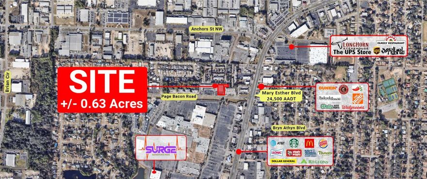 This full-access investment property sits on +/- 0.63 acres of land; the building has +/- 10,440 SF and was constructed in 1981. Conveniently accessible from Page Bacon Road, at the signalized intersection of the bustling Mary Esther Blvd with a traffic count of 24,500 AADT. The current usage of the space is as a Kitchen & Bath Center, and the building could be subdivided; it already has two meters installed to allow this option.