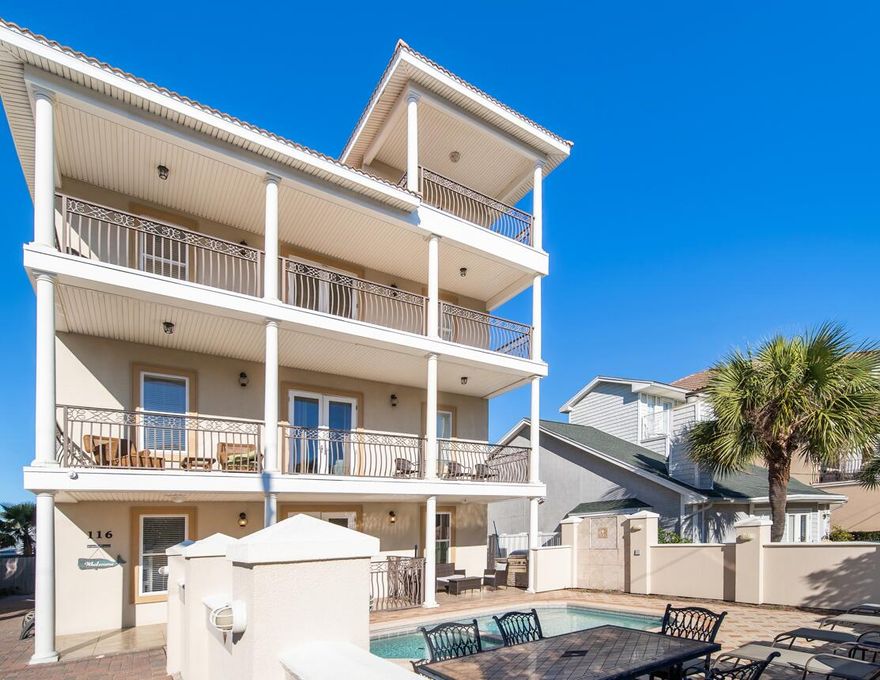 Big and bold, spanning 5,880 square feet!   This four-story beach retreat with a heated and cooled crow's nest offers nine bedrooms, eight bathrooms, and a layout designed with vacation living in mind. Located in Frangista Beach, this property creates flexible sleeping arrangements and multiple gathering spaces that make hosting large groups both comfortable and practical.The first floor is all about fun and function. The entertainment area features a pool table and full-size refrigerator, making it the perfect hangout zone after a day in the sun. Two bunk rooms and two additional bedrooms are located on this level. One bunk room connects via a Jack-and-Jill bath to a neighboring bedroom that could easily be used as an office or flex space. Another bedroom enjoys a private ensuite bath, while the second bunk room has private access to a shared hallway bath. A spacious laundry room on this floor provides room for extra storage, an often overlooked but valuable feature for short-term rental turnover.
Step outside to your own private pool and spa, complete with a dedicated grilling area, creating a natural extension of the entertainment space.
The second floor serves as the heart of the home, with an open-concept living, dining, and kitchen area designed for gathering. The kitchen offers abundant cabinet storage, expansive granite countertops, a breakfast bar, pantry, and double dishwashers, an ideal setup for large groups. From the living area, step out onto the covered balcony for added indoor-outdoor living. Two guest bedrooms are also located on this level: one with a private ensuite bath and another with private access to the shared hallway bath.
On the third floor, you'll find two primary suites, each with its own private bathroom. One features a double vanity and a seating nook within the bath area and the closet. The second primary offers a deep walk-in closet, private covered balcony, double vanities, and a separate walk-in shower and jetted tub. An additional guest bedroom with a private ensuite bath and a conveniently located laundry closet complete this level.
At the top of a spiral staircase, the heated and cooled crow's nest provides a unique bonus space currently used as a tenth sleeping area. From here, enjoy access to a third covered balcony as well as a spacious open-air patio at the rear of the home.
Currently operating as a short-term rental, this property offers substantial income potential and the flexibility to continue as an investment property or transform into a private coastal retreat. Its creative layout maximizes sleeping capacity and gathering space, making it particularly well-suited for large groups seeking both connection and comfort.
Beach access can be found at the gated entrance of Hollywood Street. 
Frangista Beach is located right in the heart of Miramar Beach within close proximity to many great dining and shopping options. Surf Hut, Royal Palm Grill, Whale's Tail, Pompano Joe's, Acme Oyster House, Two Birds Cafe, Seascape Towne Center, Silver Sands Outlets, and much much more.