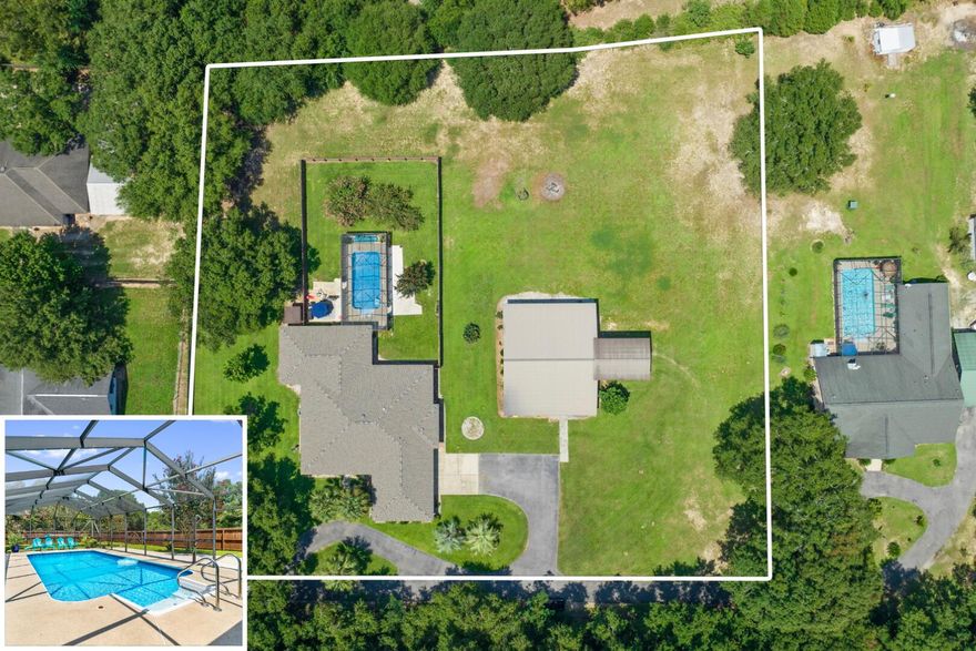 This is the DREAM property that you have been waiting for!! A well manicured landscape surrounded by 1.84 acres. This home features an oversized garage, additional metal building workshop with an enclosed game room/ fitness room with another full bathroom. This can also be used as a mother in law suite or game room! Water, power, new paint job and additional bathroom with a full tiled shower has been upgraded. 
Beautiful finishes inside and outside the home. 
Outdoor shower near the pool area and plenty of lounge space in the shade or out in the sun. If you have been waiting for privacy on your own land, then this is it!! There are four full bedrooms and three bathrooms in the main house and then you will appreciate the additional office space with natural lighting beaming in. This could be used as a home schooling area, office, craft room and so much more! The use of space in this home flows perfectly for any family. This SF has NOT been included in the heated/ cooled. This is a BONUS area of 600 SF that has a mini split. 

The location is one mile off of the interstate so it's a quick commute To Niceville 33 min, Crestview 20 min, Pace 37 min, and Pensacola 39 min. And if you want a day away from the country to hit the beach, then you can drive South about 40 minutes to enjoy Navarre Beach, Fl. 
(Drive times are approximate on google maps) 

Besides the massive 40x60 metal building addition, you also have full use of an oversized attached garage to the brick home. This square footage is 910 SF. The average garage space is typically 400 SF. 

This home literally goes beyond the average WISH LIST, and once you step inside, you will certainly see why!!