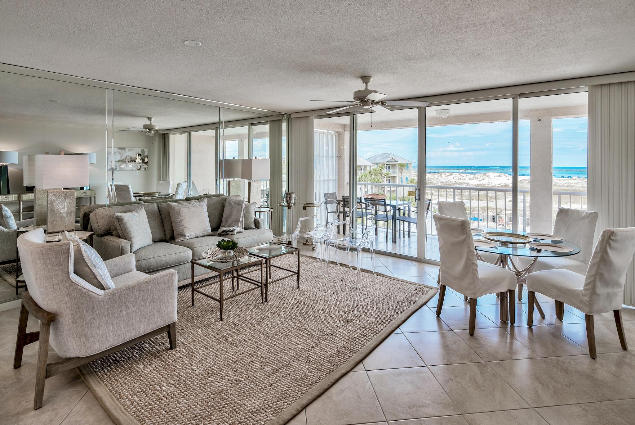 Excellent views of the Destin East Pass, Gulf of Mexico and Crab Island from this renovated 3rd floor condo at Magnolia House located in the gated island community of Destin Pointe. The large balcony affords spectacular views of the beach, water and some rather amazing sunsets. This condo has just been renovated with a coastal glam decor. The bedroom features a king size bed, flat screen TV, & access to a private lanai. The living space is an open concept with the kitchen, dining and living area all enjoying views of the water. This property is an ideal 2nd home or investment property with $30,000/year in rental income. Destin Pointe is a gated island community featuring