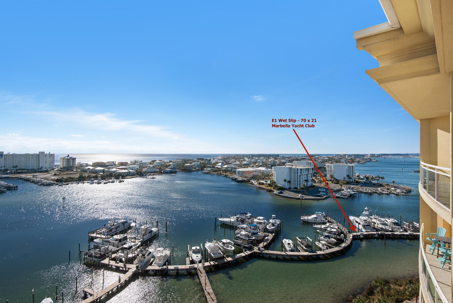 70 ft. wet slip on the beautiful Destin Harbor in Marbella Yacht Club. Monthly Yacht Club Dues do not cover electricity usage from shore power. Slip will convey via Assignment of Use. Buyer to pay 6% Florida Sales Tax at closing. Buyer to verify all dimensions and dues.