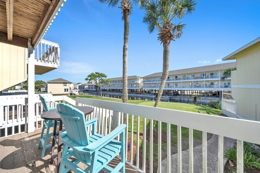 Seller cancelled rentals to enable EASY SHOWINGS!! Don't miss the opportunity to own this charming one bedroom condo, tucked away on the Canal and #8 golf fairway. Park at the front door, no elevators needed, one step up to the front entry deck and three steps down to the golf course & canal from the waterfront deck.  Many improvements, upgrades, & new items. BRAND NEW  HVAC, refrigerator, dishwasher & mattress. No popcorn ceilings, original cabinets replaced, elec boxes replaced, & washer dryer hookup added. Simple, stylish, comfortable furnishings designed for rental functionality and appeal, this condo is rental ready and has a good rental history. There is a 3 yr Sp Assessm currently in place, payable by the qtr. For 2023 the amt is $1863.71.  Yr  2024 $1087.32, and 2025 is $1017.89.