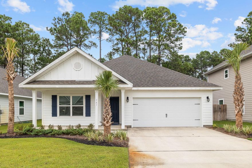 Welcome to Southern Pines, a serene community only 4 miles away from the beautiful 30A beaches. This meticulously maintained Rhett plan offers modern convenience and style. As you step inside, you'll find four spacious bedrooms, a generous Master Bedroom with a spa bath, a fenced backyard with an irrigation system, and a two-car garage. This single-story home offers comfort and functionality. The kitchen features sleek granite countertops, while living areas are adorned with engineered vinyl plank flooring. Modern amenities include Frigidaire appliances and Smart home features like Kwikset keyless entry. Surrounded by nature and complemented by a bay access park nearby, Southern Pines offers a peaceful retreat to call home.