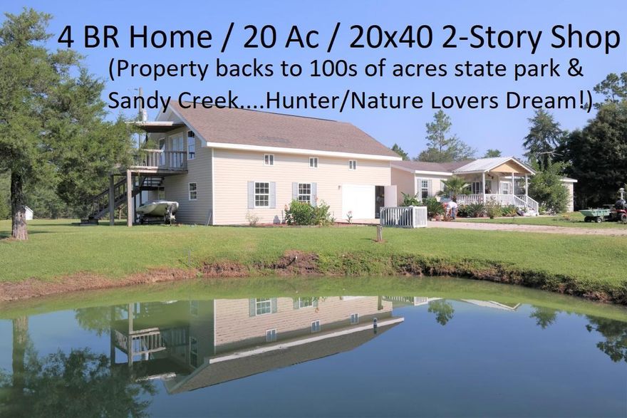 Beautiful home & 20 acres parcel in a very private setting backing up to 100s of acres of state park land of nearby Ponce de Leon Springs. Sandy Creek runs behind the property, so this is a hunting enthusiast or nature lover's dream! Sitting on this property is a '05 custom Cabco manufactured home & a 20x40 2 story detached garage/shop. Shop has power in place & plumbing has been roughed in. The 4 BR, 2 Ba manufactured home is immaculate with covered front porch & back deck, as well as an open deck at back laundry entrance. The home features open floor plan, split bedrooms, formal living room & family room with wood-burning stove. PDL & Morrison Spgs w/in 5 min.; Vortex w/in 15; Only 15 min. to Walmart in Defuniak Spgs. New shingle roof installed Dec. 2018! This is a must see!