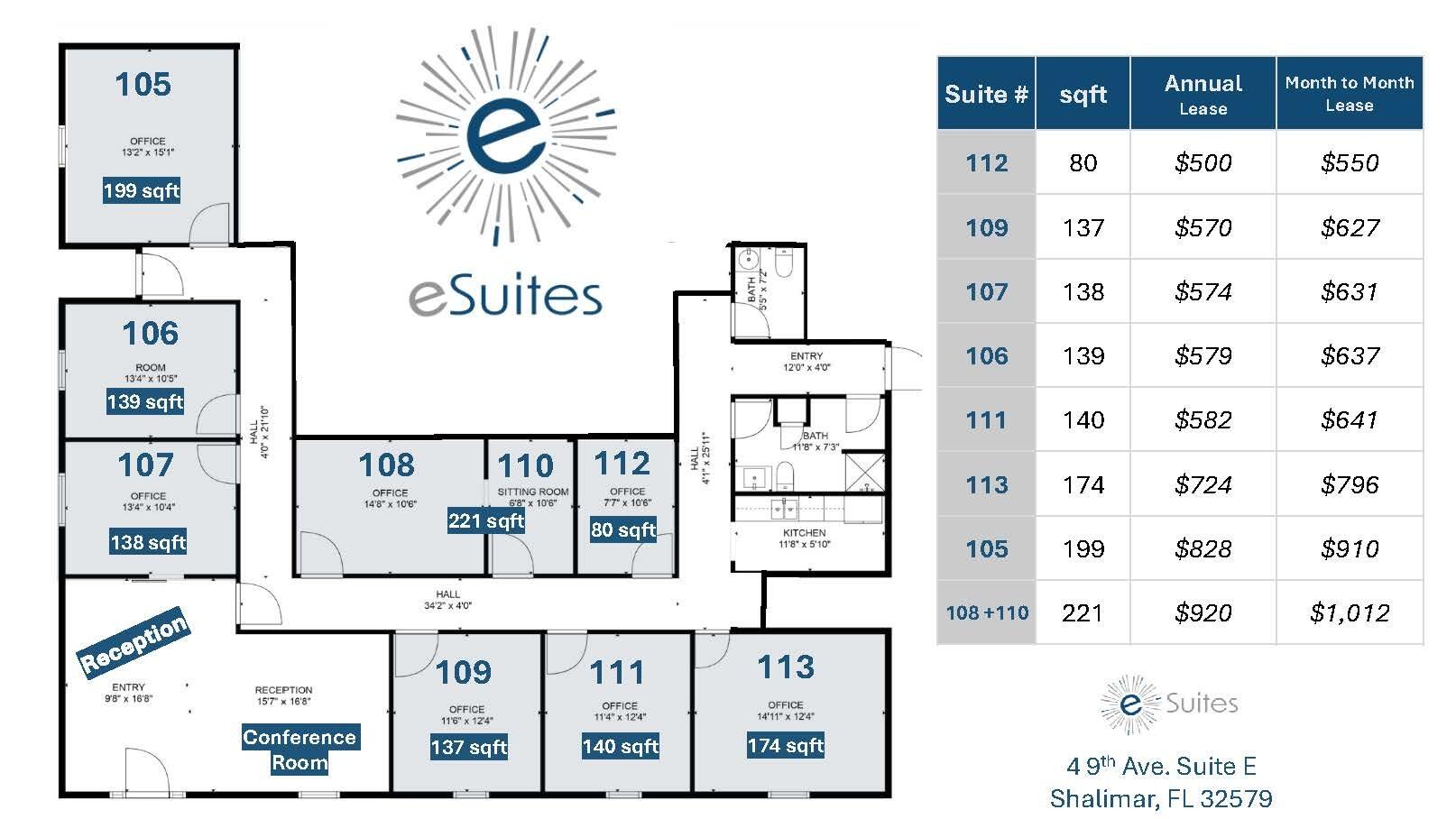 Professional Business Suite available in the 4 9th Ave Business Complex in Shalimar. eSuites offers private suites with secure digital keypad access, free high-speed Wi-Fi, shared restrooms and kitchenette, and prominent signage featuring tenant's name at the building entrance. Rent also includes power, water, sewage, and trash. Month-2-Month lease options available.