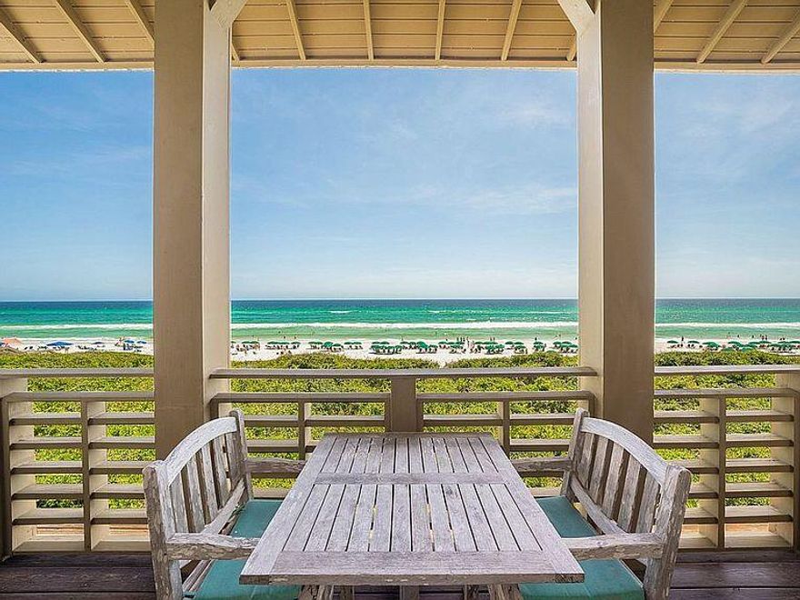 Located in the heart of Rosemary Beach, 84 Windward sits on 34 feet of premium Gulf frontage and offers breathtaking panoramic views of the Gulf of Mexico. Thoughtfully designed by Tom Christ, details like shuttered windows and lofty open spaces are reminiscent of the European colonial architecture of the Dutch West Indies.  The main house contains three bedrooms and three full bathrooms; an additional bedroom and full bathroom in the adjacent carriage house boasts a full-sized kitchen, living area, and two terraces with views of the ocean and surrounding neighborhood.The ground floor of the main house has 10' ceilings, travertine throughout, and solid mahogany French doors.  Two king sized bedrooms, both with full ensuite bathrooms enjoy access to a private covered porch.